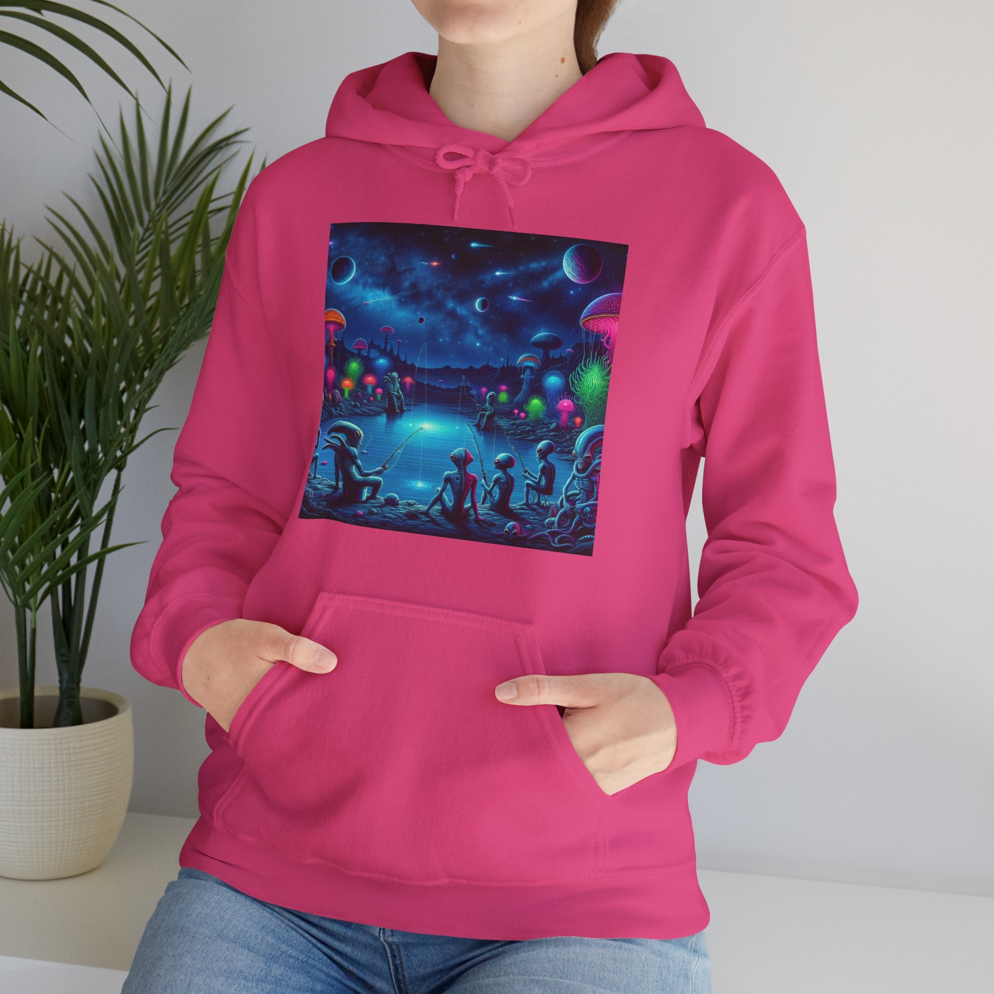 Alien Night Fishing Hoodie — UFO Nighttime Angler Graphic Sweatshirt