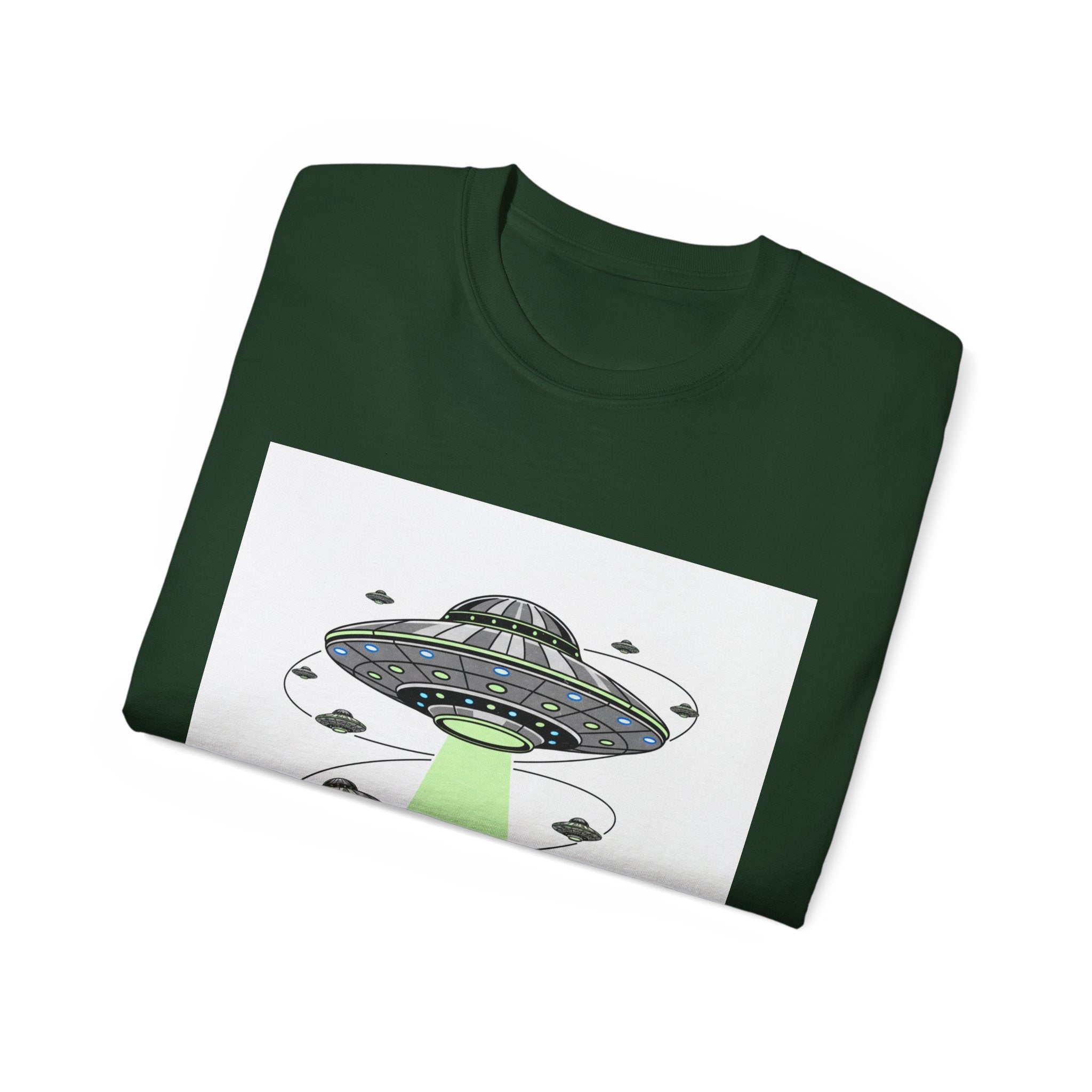 Alien Invasion Cityscape Tee — UFO Abduction Graphic T-Shirt Adult Unisex