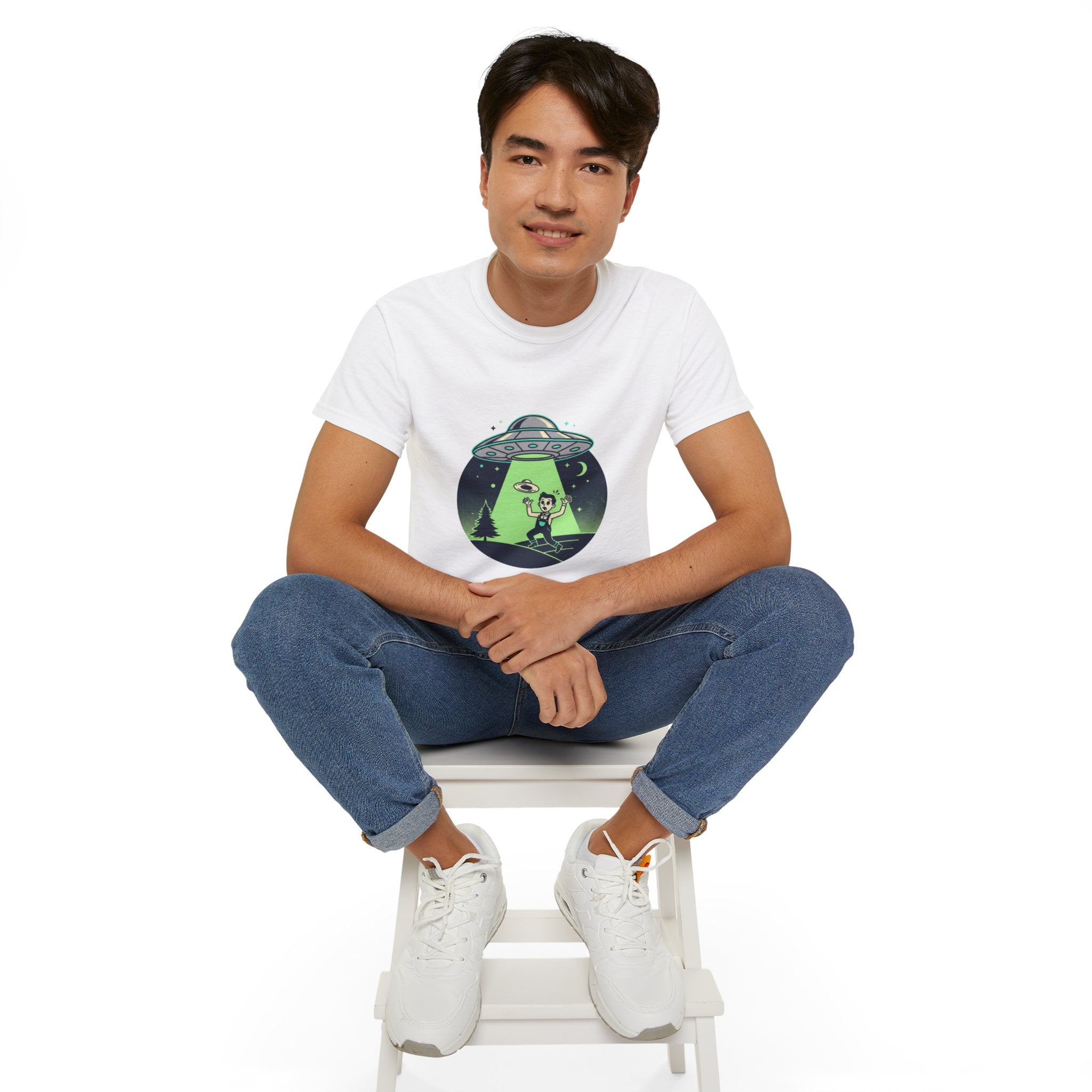 Alien Abduction T-Shirt — Retro UFO Beam Graphic Tee