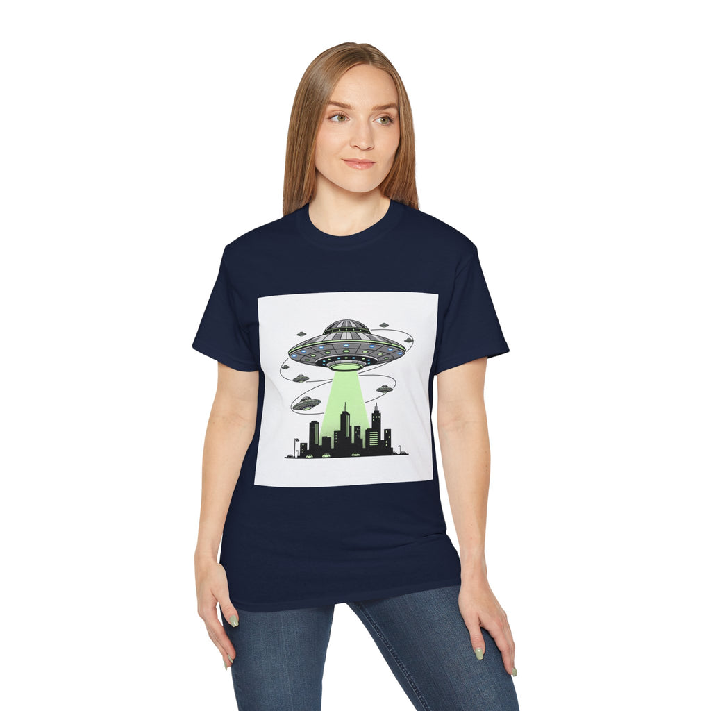 Alien Invasion Cityscape Tee — UFO Abduction Graphic T-Shirt Adult Unisex