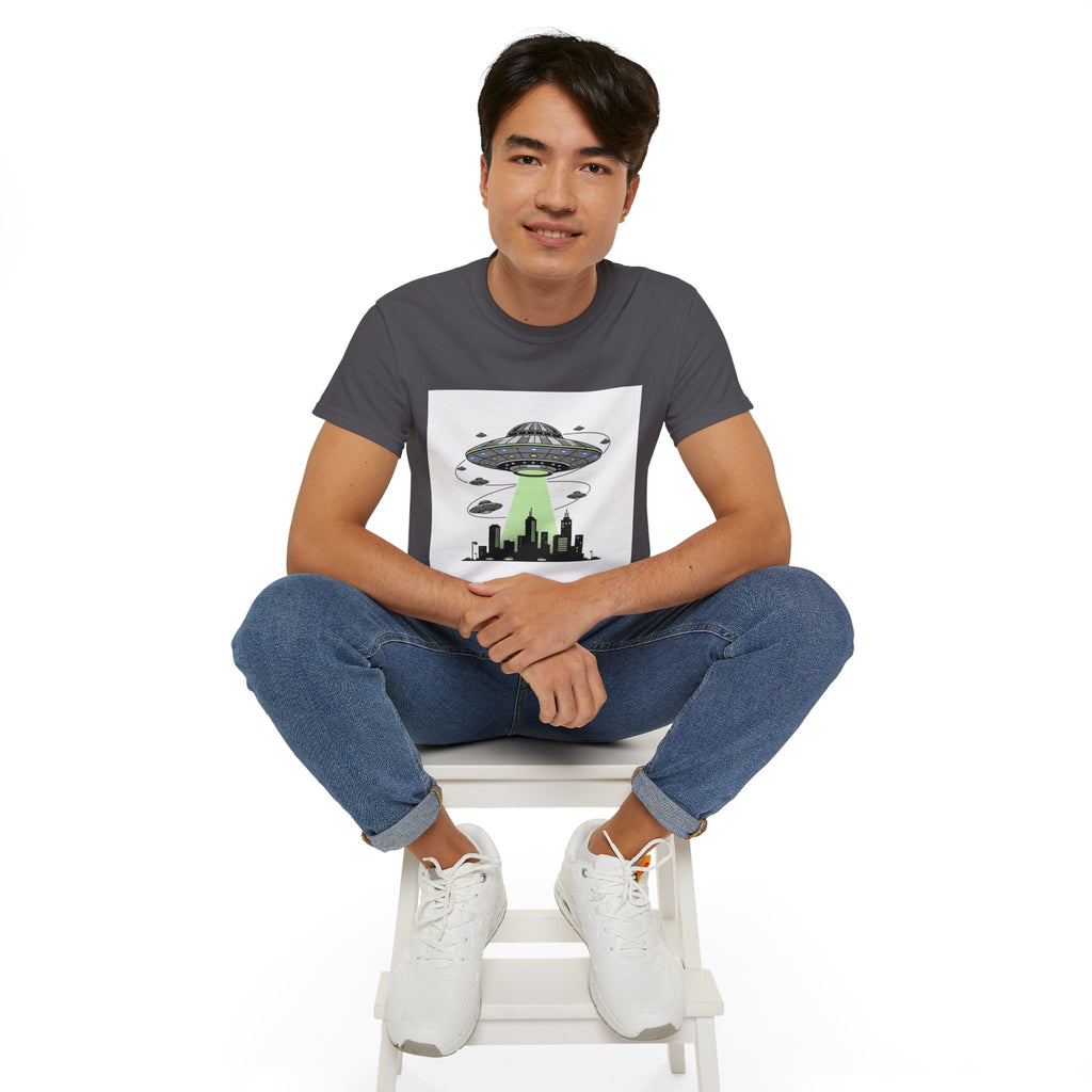 Alien Invasion Cityscape Tee — UFO Abduction Graphic T-Shirt Adult Unisex