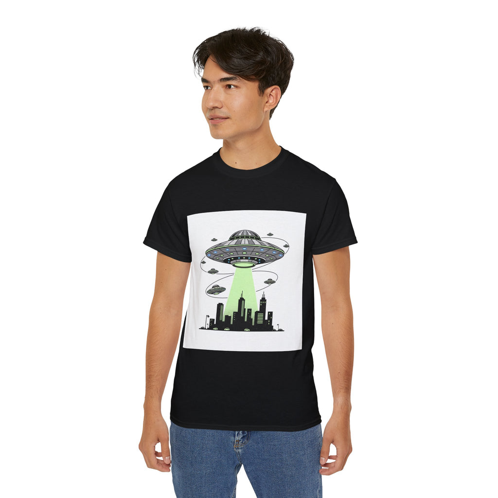 Alien Invasion Cityscape Tee — UFO Abduction Graphic T-Shirt Adult Unisex