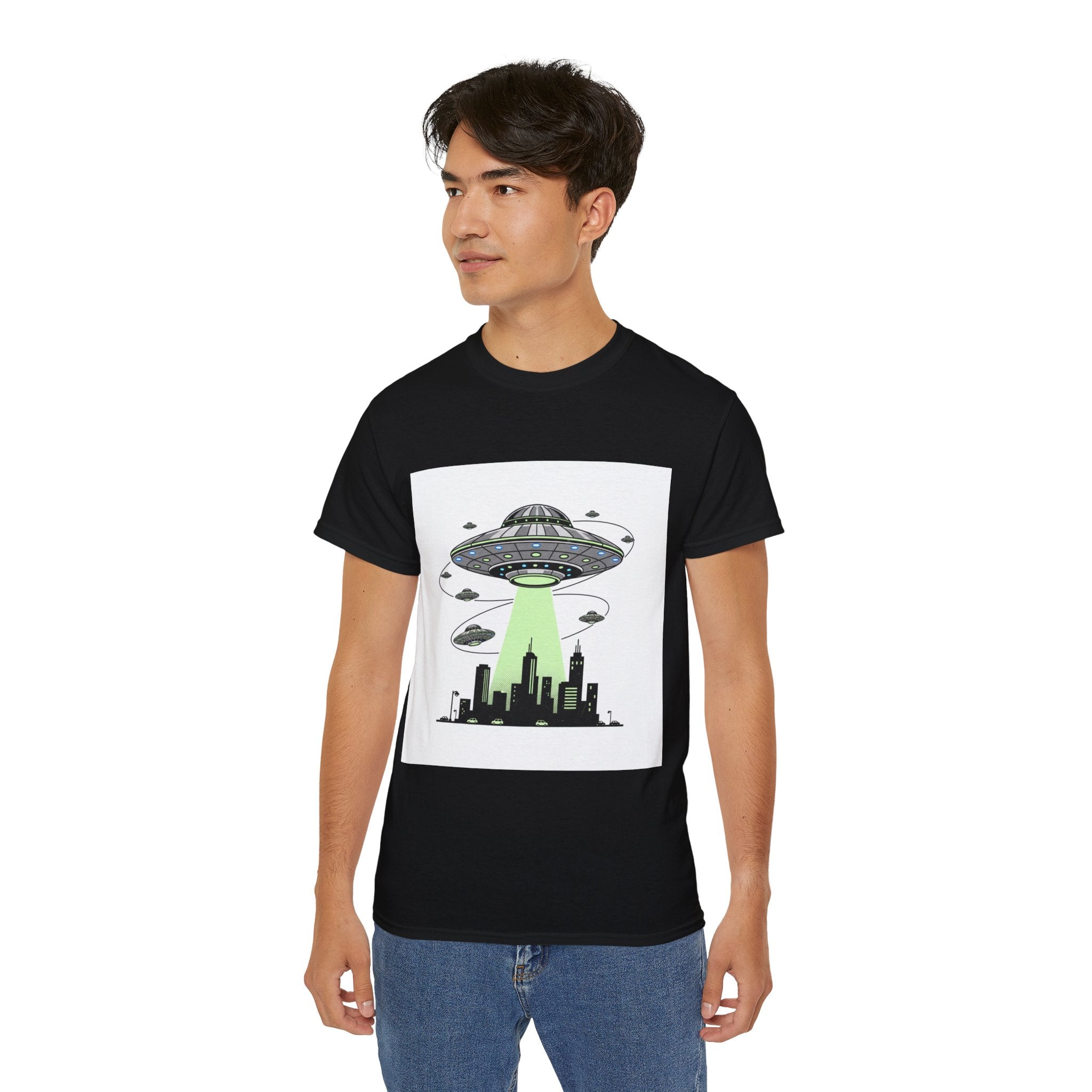 Alien Invasion Cityscape Tee — UFO Abduction Graphic T-Shirt Adult Unisex