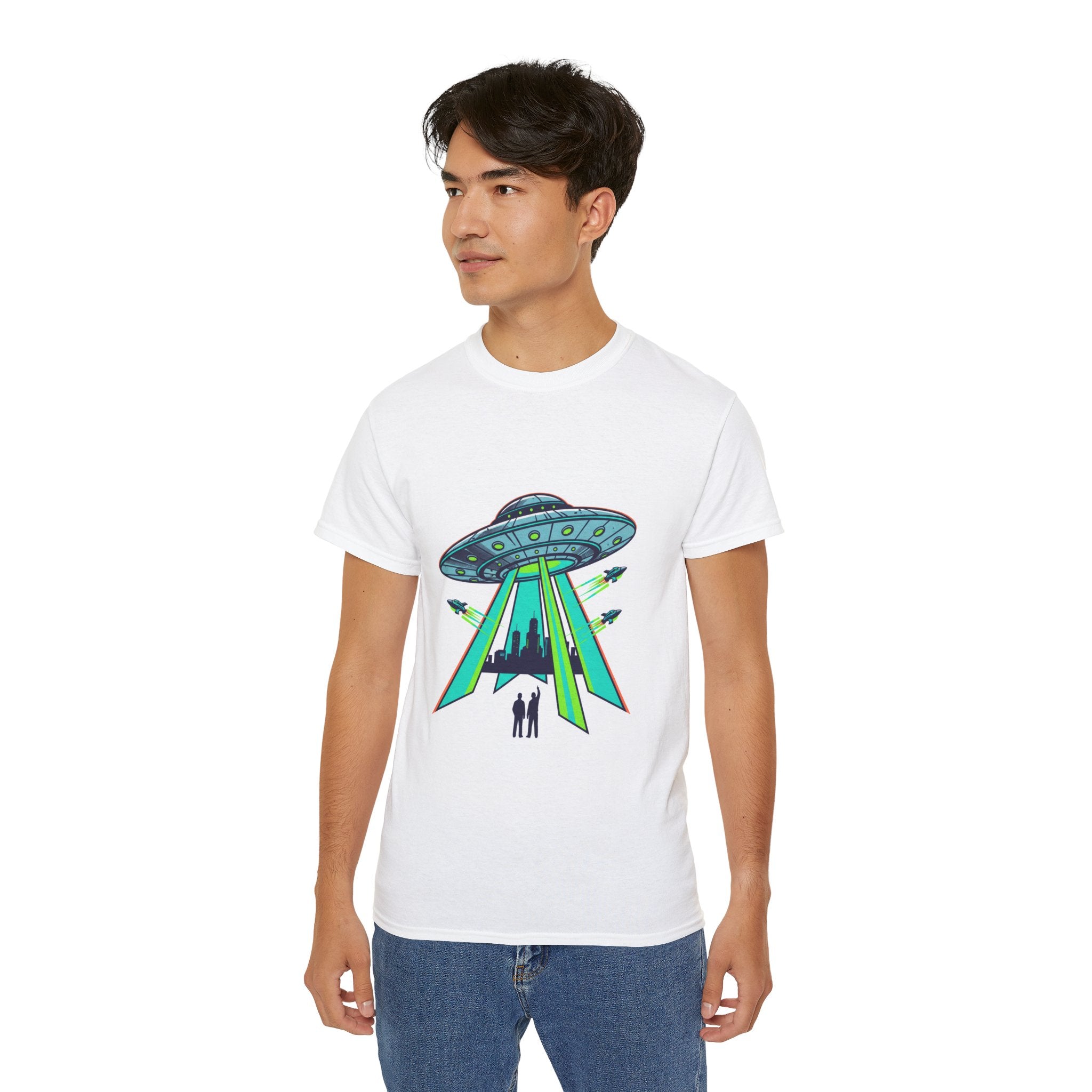 Alien Abduction Graphic Tee — Retro UFO Beam Design