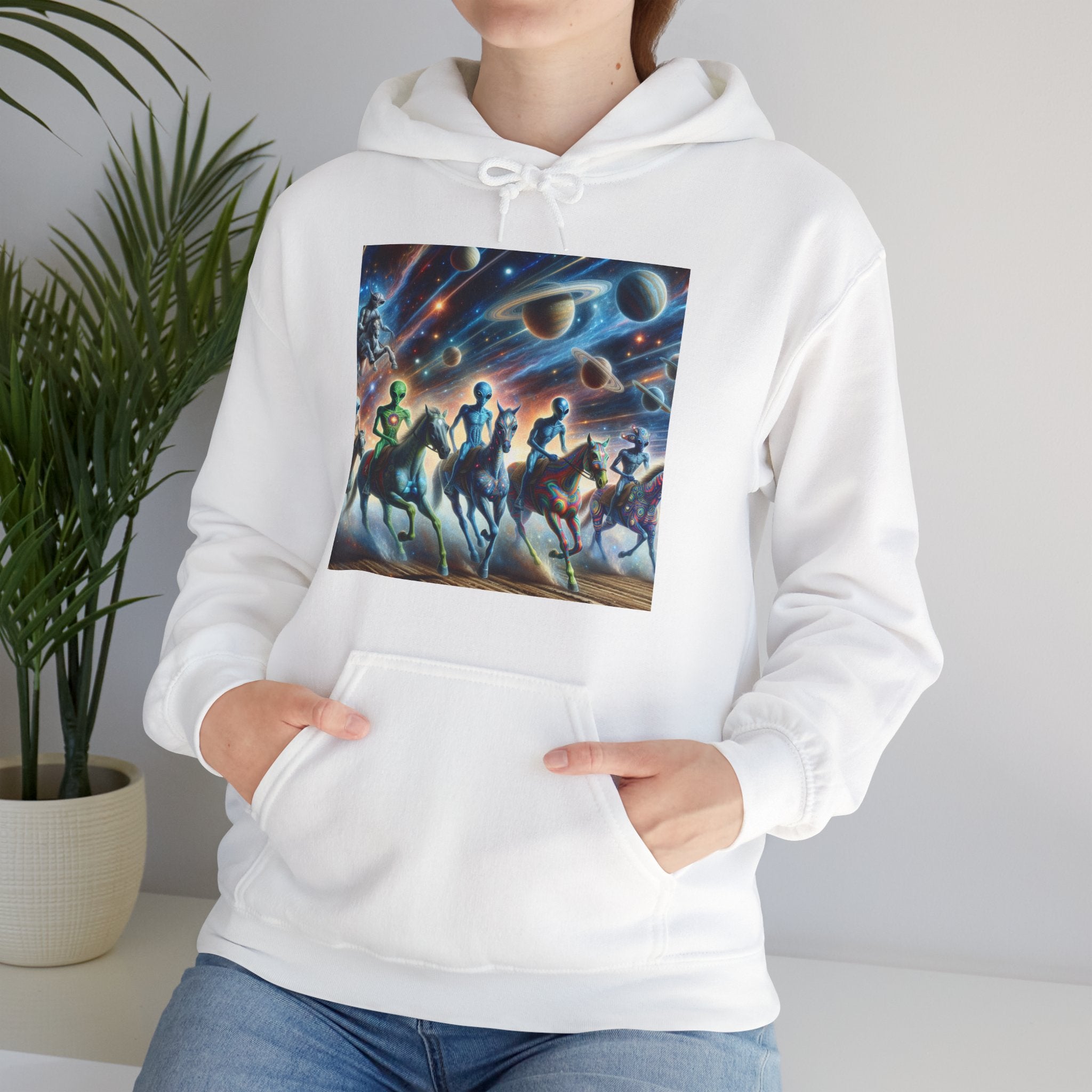 Space Aliens Riding Horses Hoodie — Cosmic Cowboy Graphic Sweatshirt