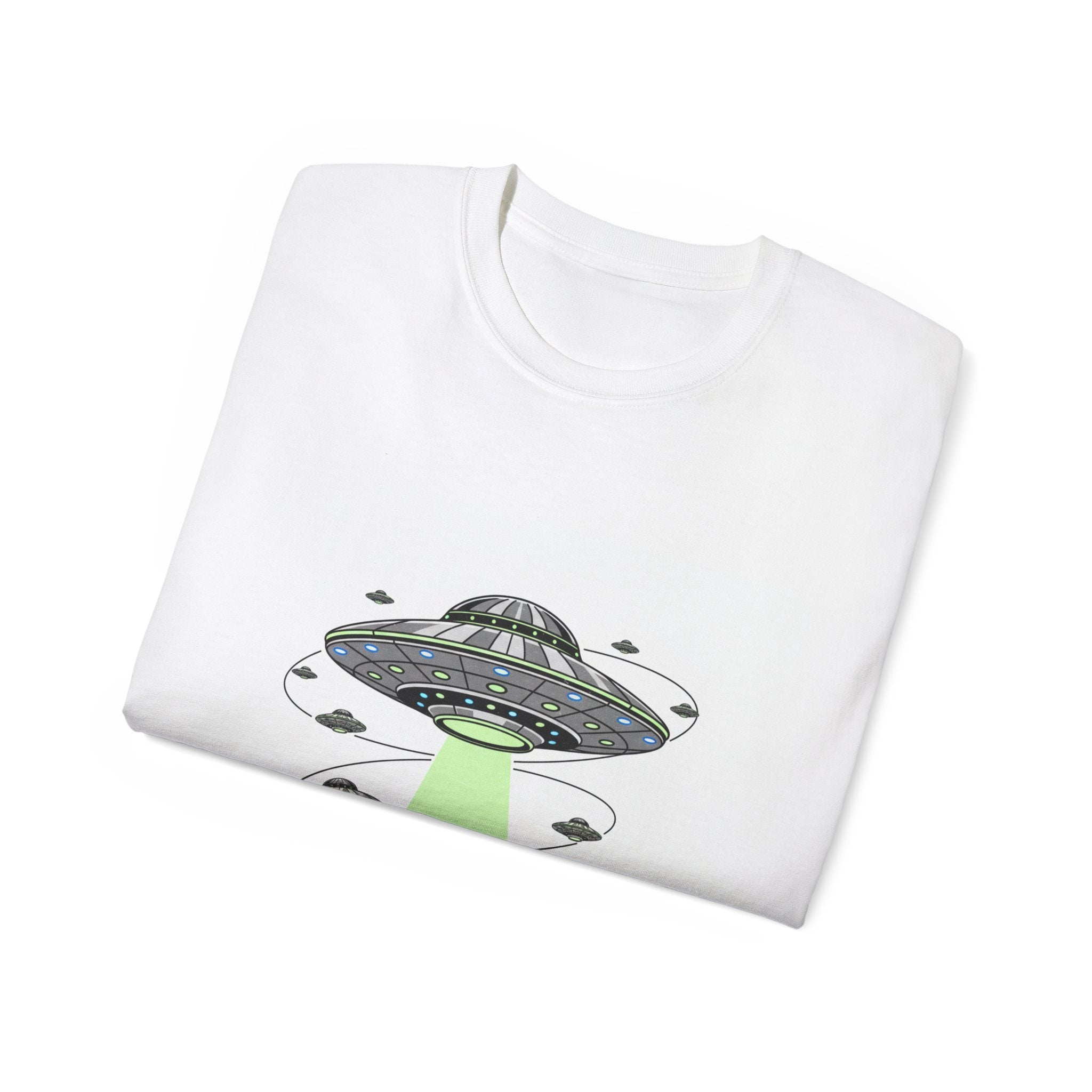 Alien Invasion Cityscape Tee — UFO Abduction Graphic T-Shirt Adult Unisex