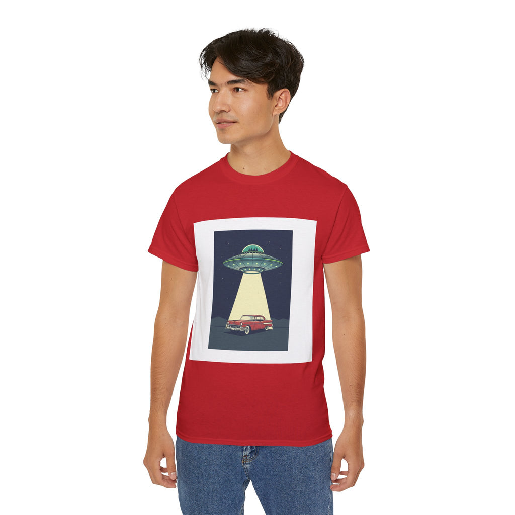 UFO Abduction Graphic Tee — Vintage Car Alien Shirt Adult Unisex