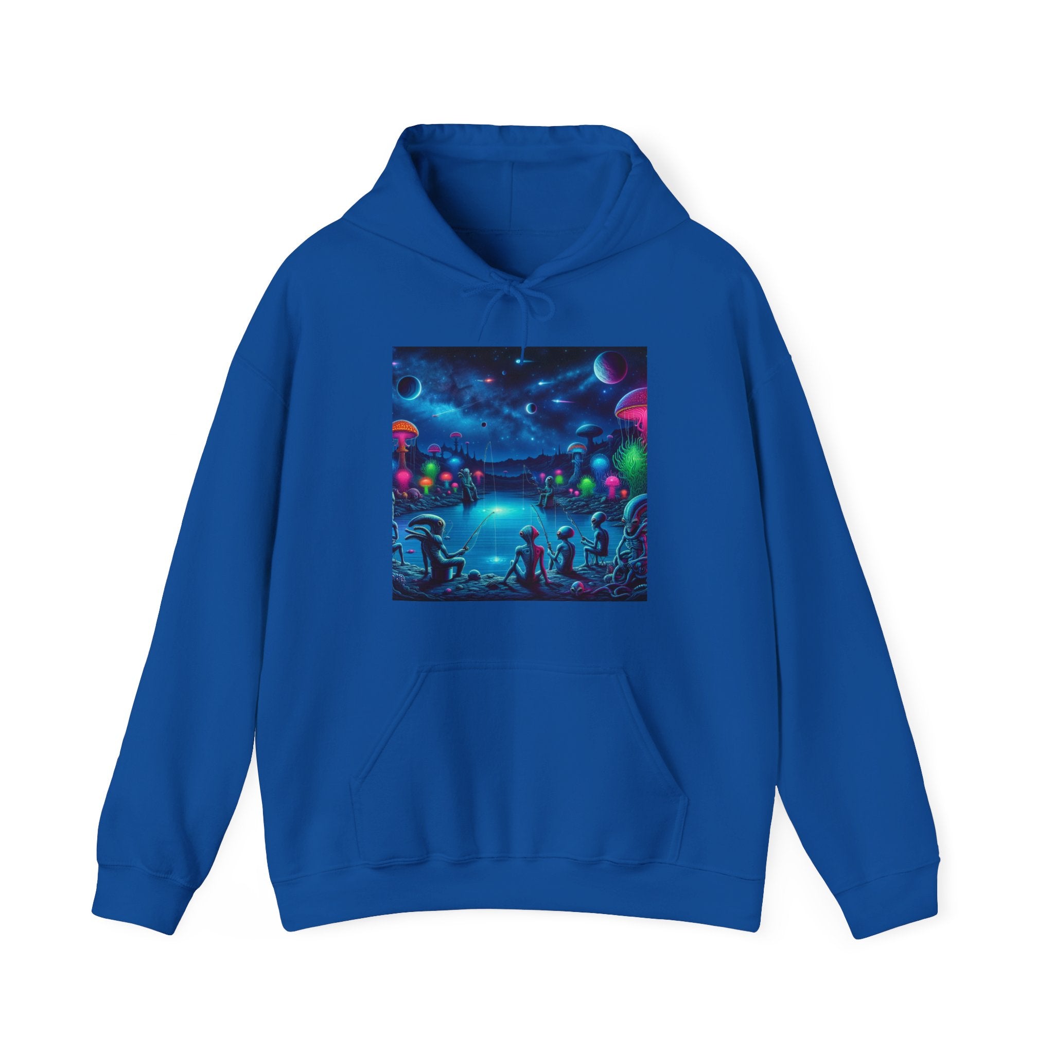 Alien Night Fishing Hoodie — UFO Nighttime Angler Graphic Sweatshirt