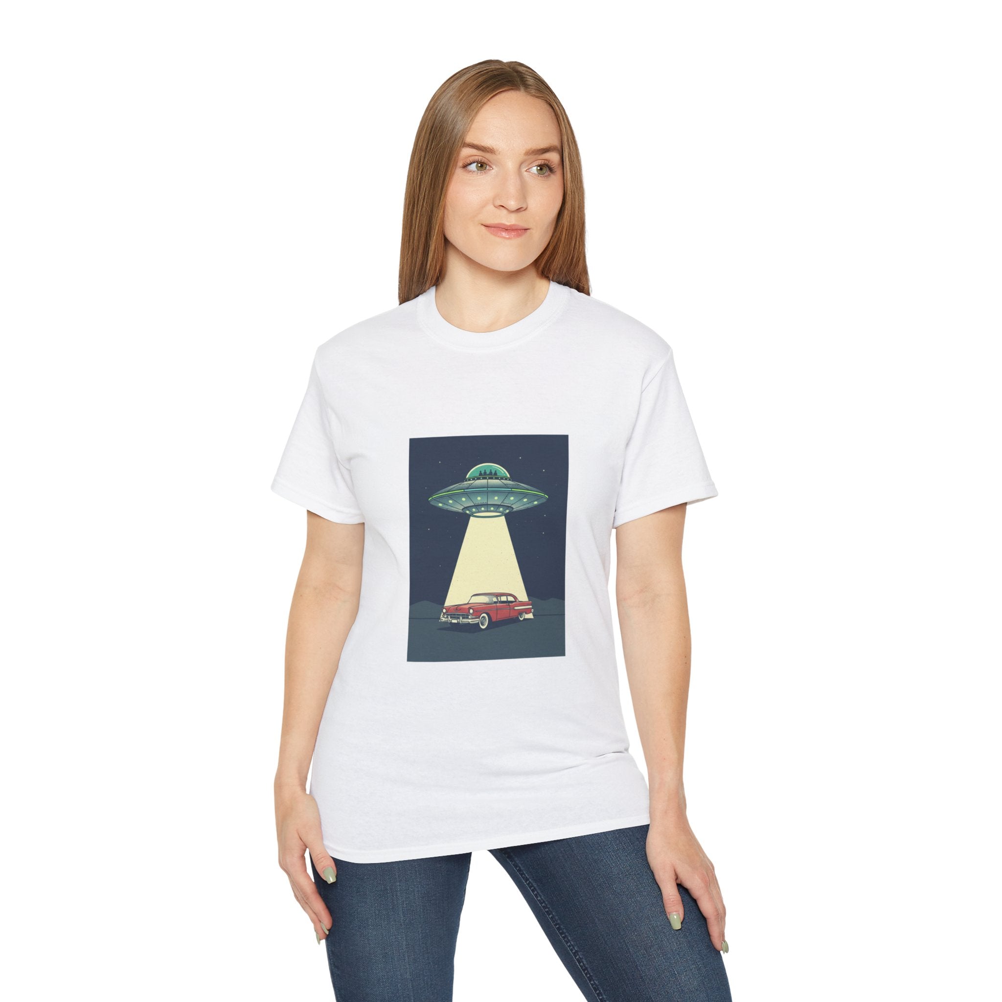 UFO Abduction Graphic Tee — Vintage Car Alien Shirt Adult Unisex