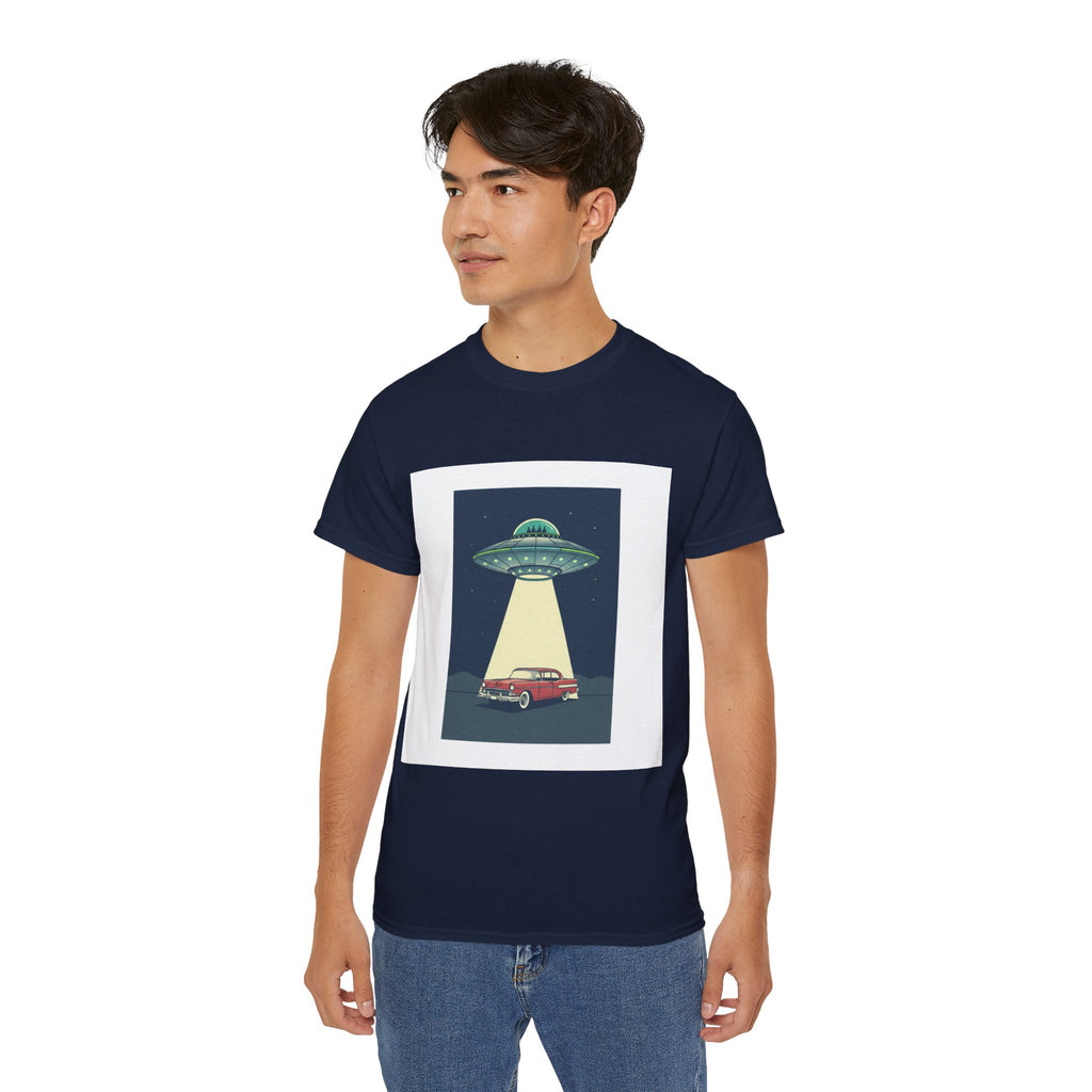 UFO Abduction Graphic Tee — Vintage Car Alien Shirt Adult Unisex
