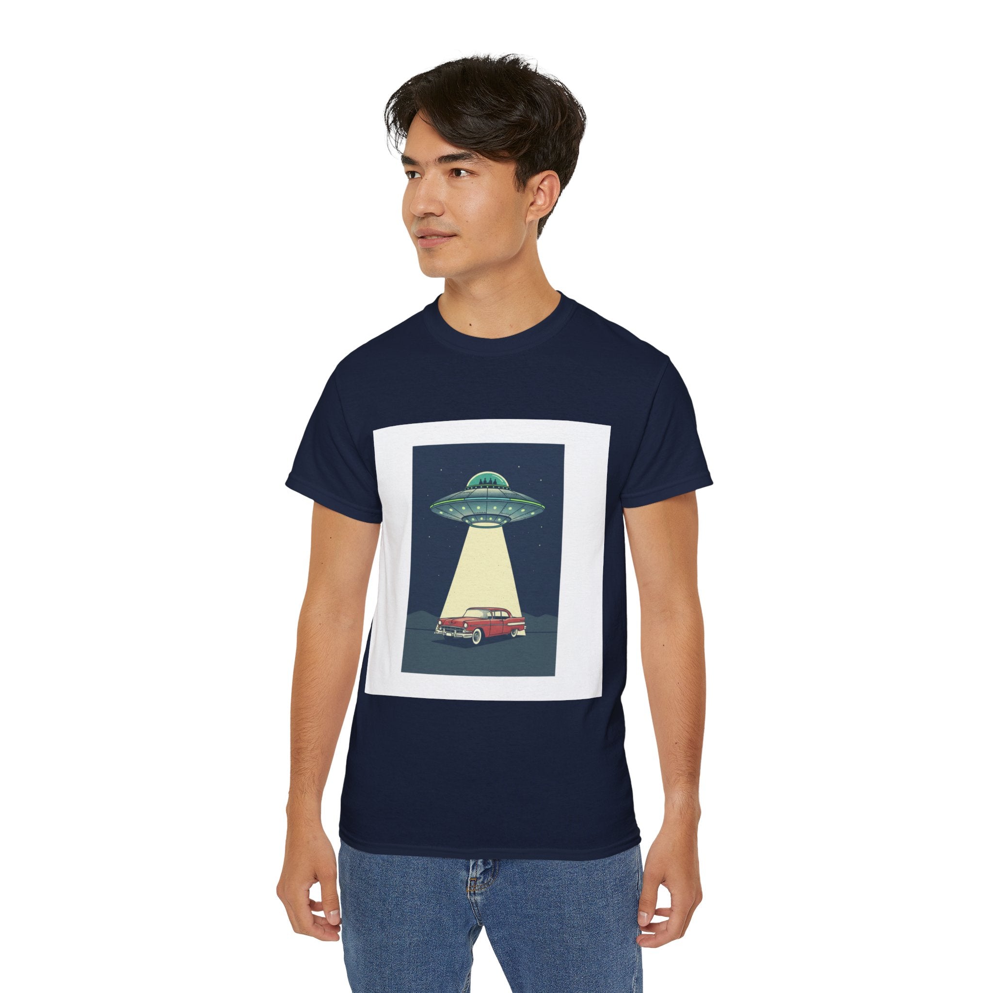UFO Abduction Graphic Tee — Vintage Car Alien Shirt Adult Unisex