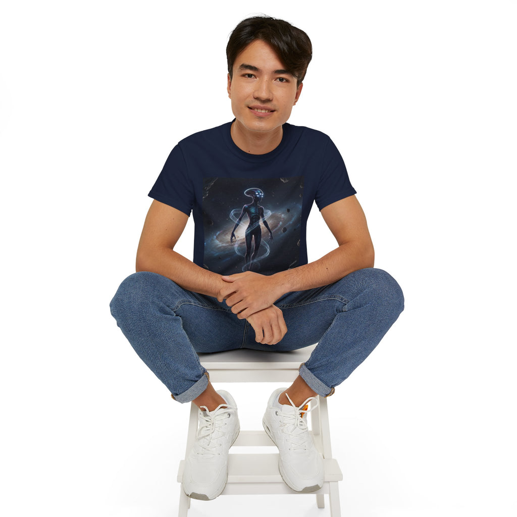 Camiseta con silueta de extraterrestre cósmico — Camiseta de arte espacial de nebulosa galáctica