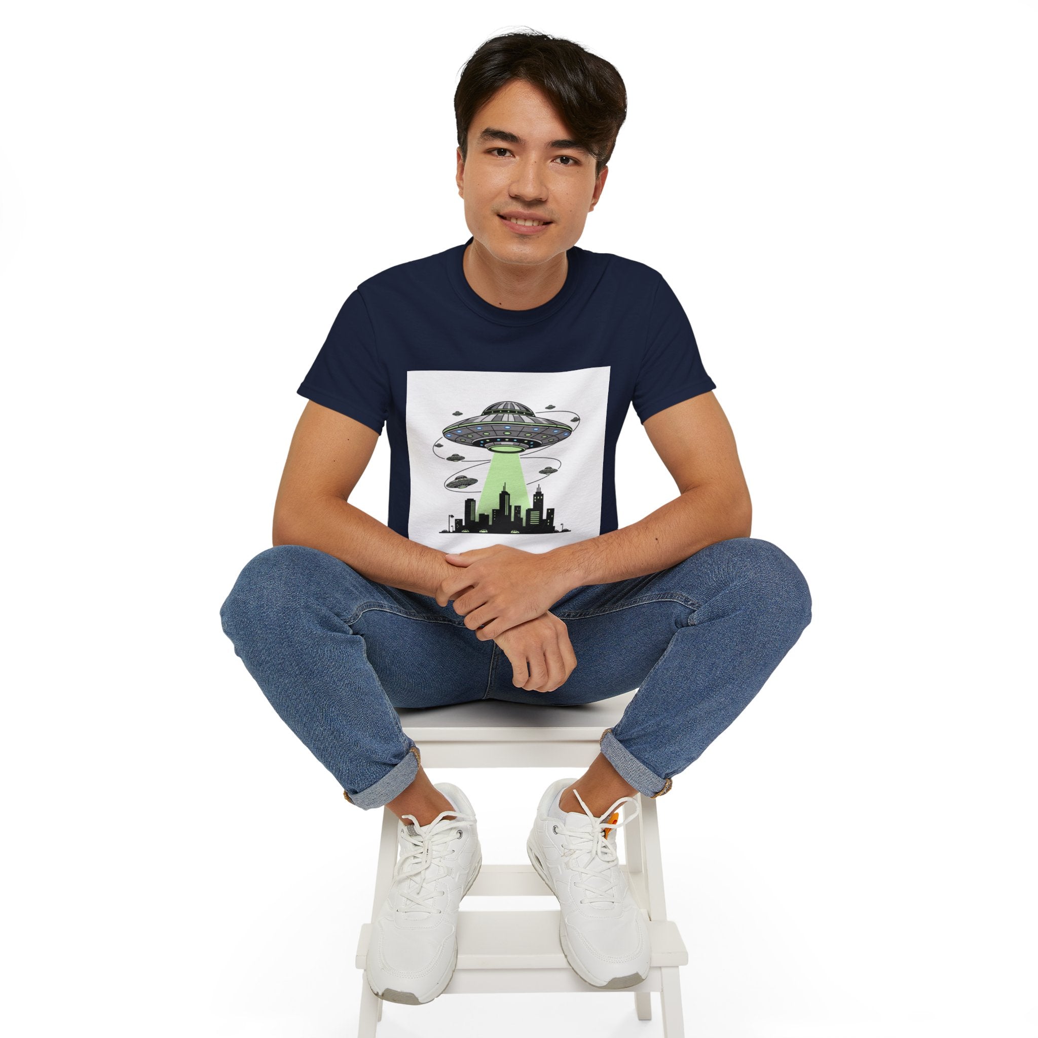 Alien Invasion Cityscape Tee — UFO Abduction Graphic T-Shirt Adult Unisex