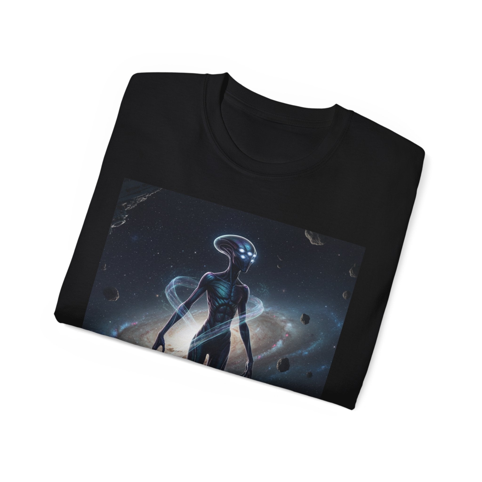 Camiseta con silueta de extraterrestre cósmico — Camiseta de arte espacial de nebulosa galáctica