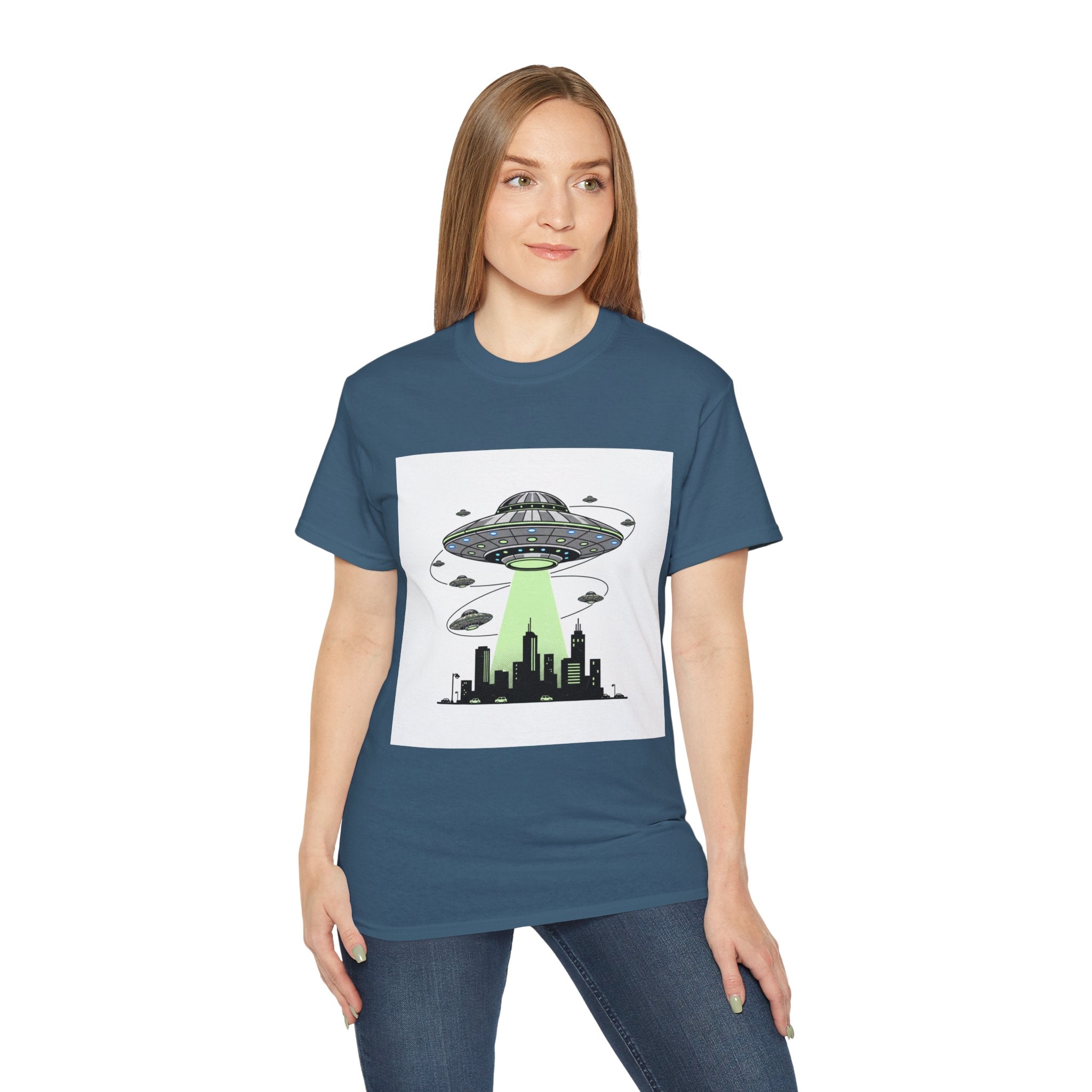 Alien Invasion Cityscape Tee — UFO Abduction Graphic T-Shirt Adult Unisex