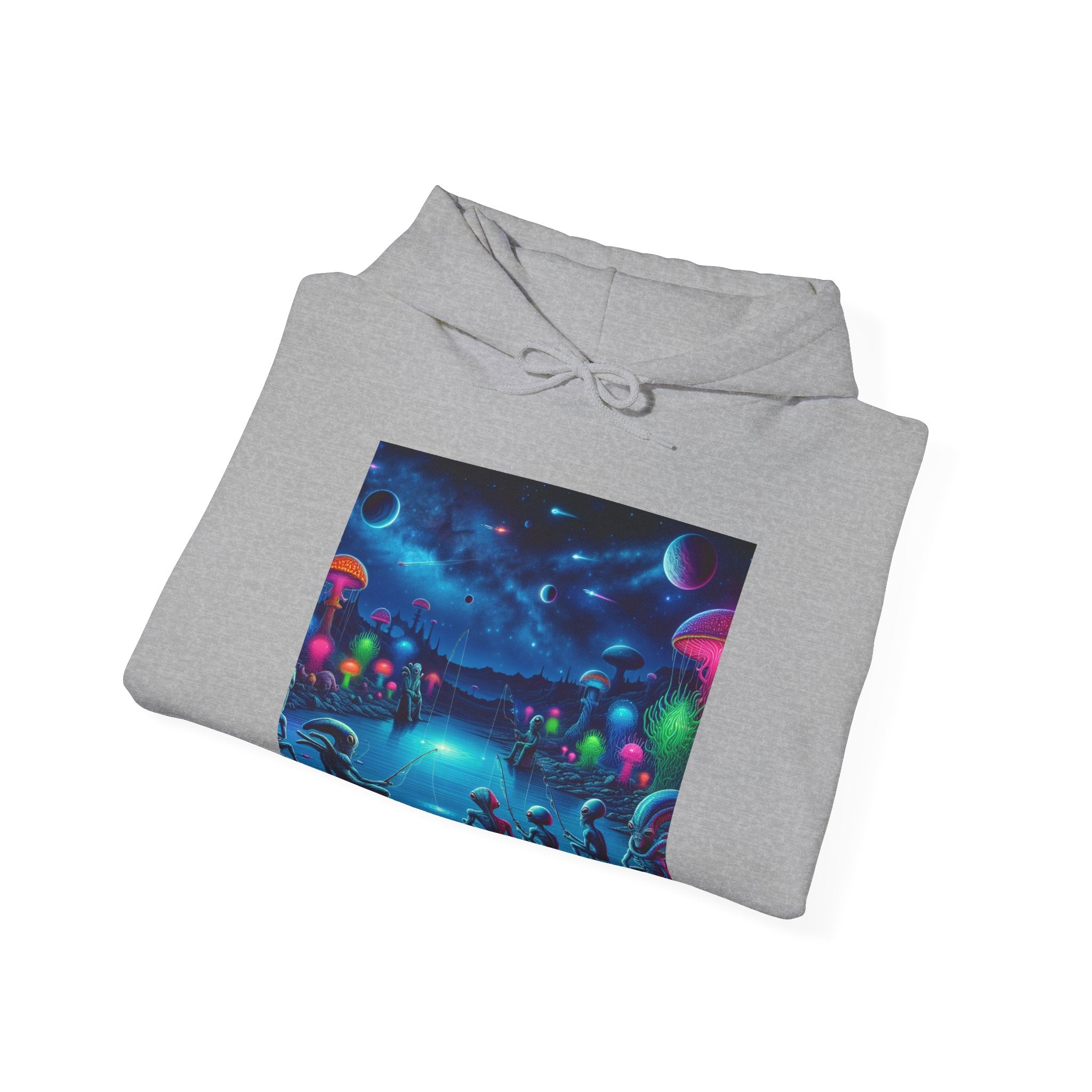 Alien Night Fishing Hoodie — UFO Nighttime Angler Graphic Sweatshirt