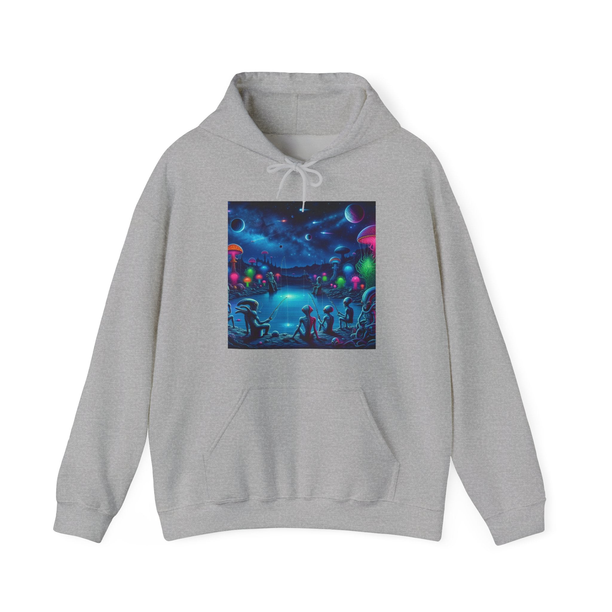 Alien Night Fishing Hoodie — UFO Nighttime Angler Graphic Sweatshirt