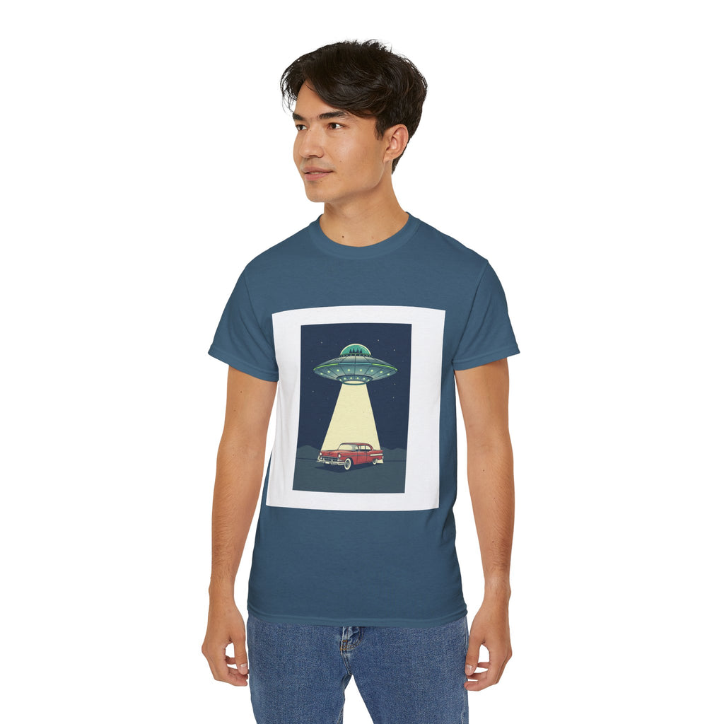 UFO Abduction Graphic Tee — Vintage Car Alien Shirt Adult Unisex