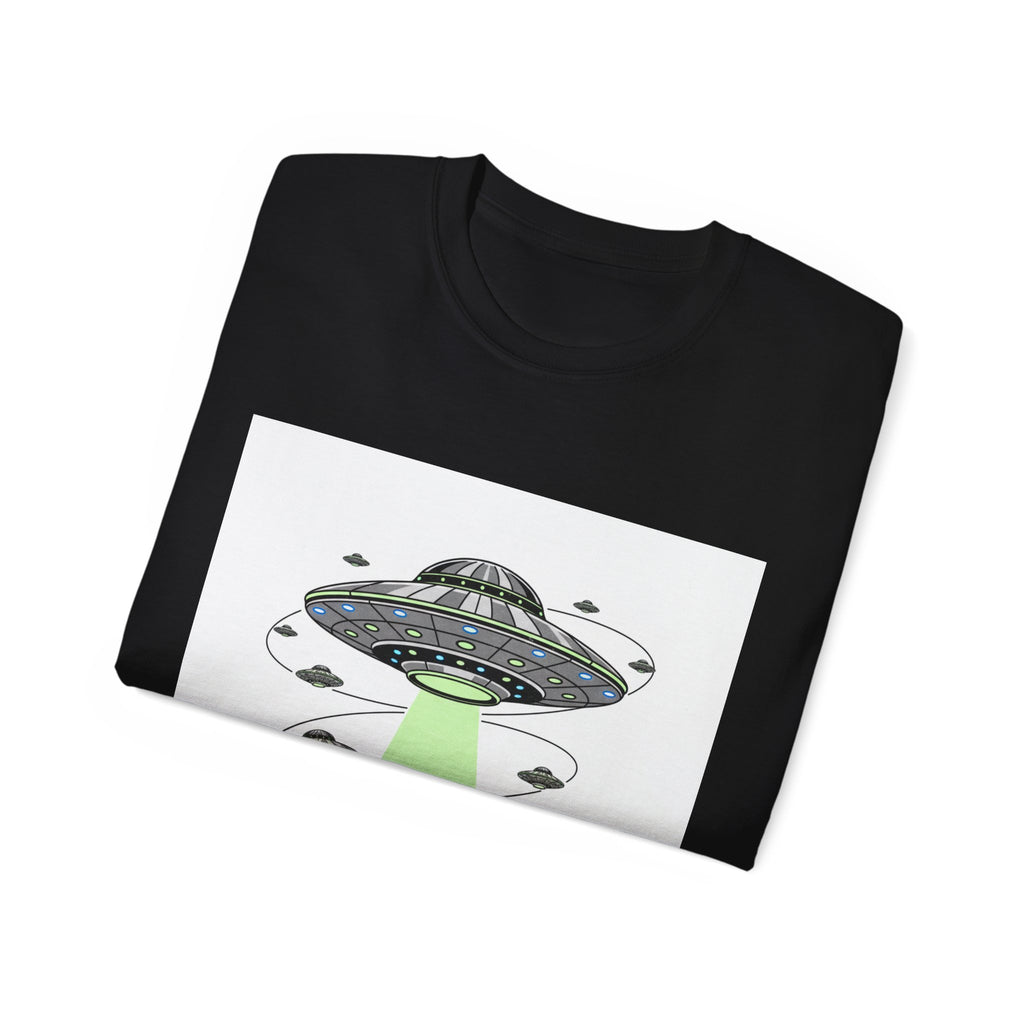Alien Invasion Cityscape Tee — UFO Abduction Graphic T-Shirt Adult Unisex