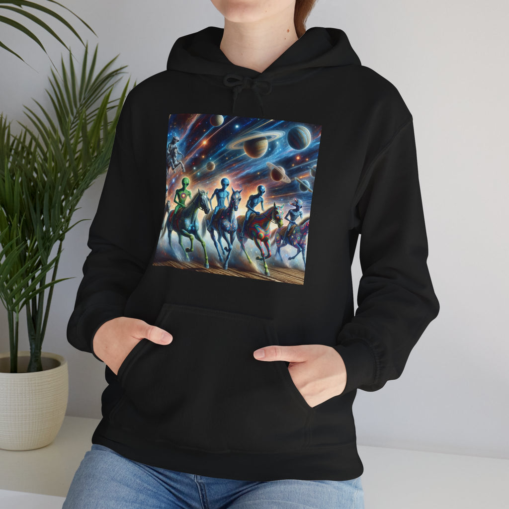 Space Aliens Riding Horses Hoodie — Cosmic Cowboy Graphic Sweatshirt
