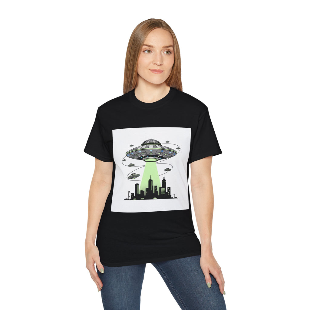 Alien Invasion Cityscape Tee — UFO Abduction Graphic T-Shirt Adult Unisex