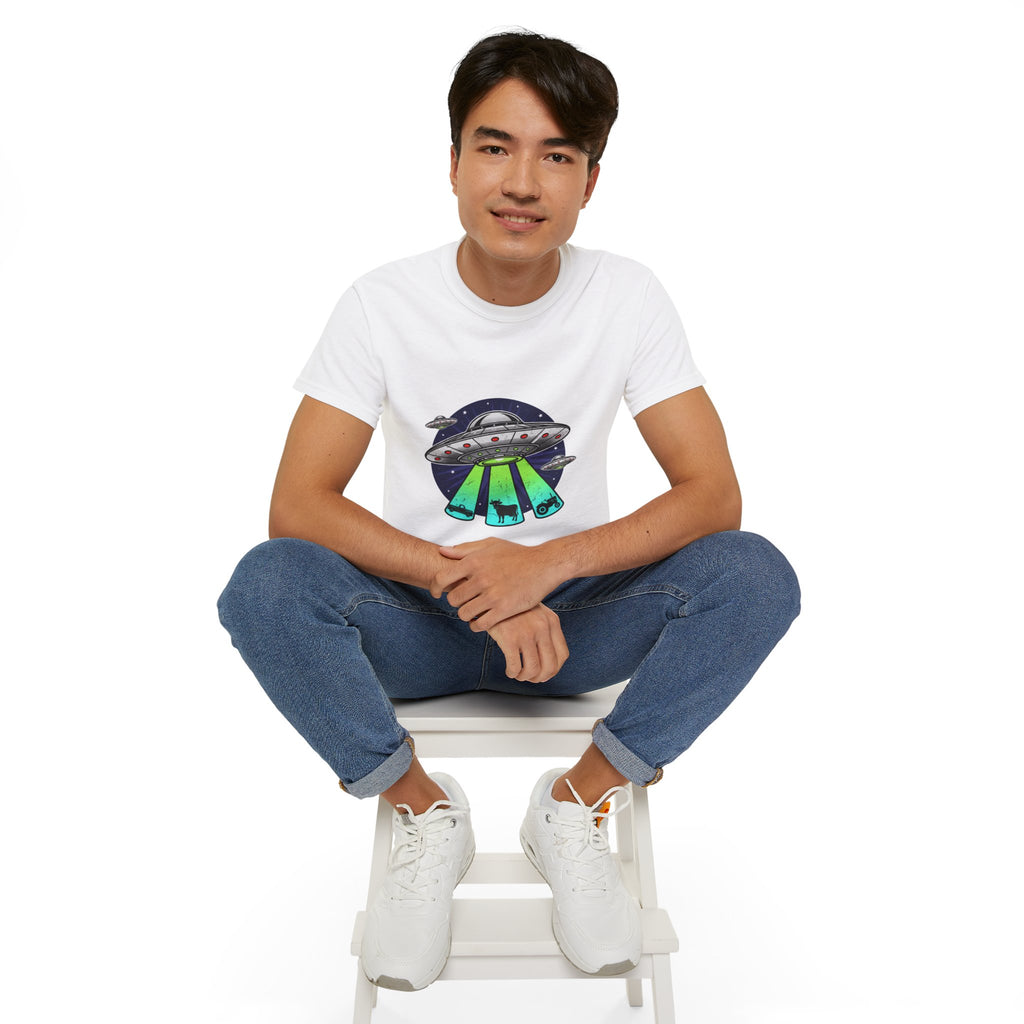 UFO Cow Abduction T-Shirt — Retro Alien Spaceship Tee Adult Unisex