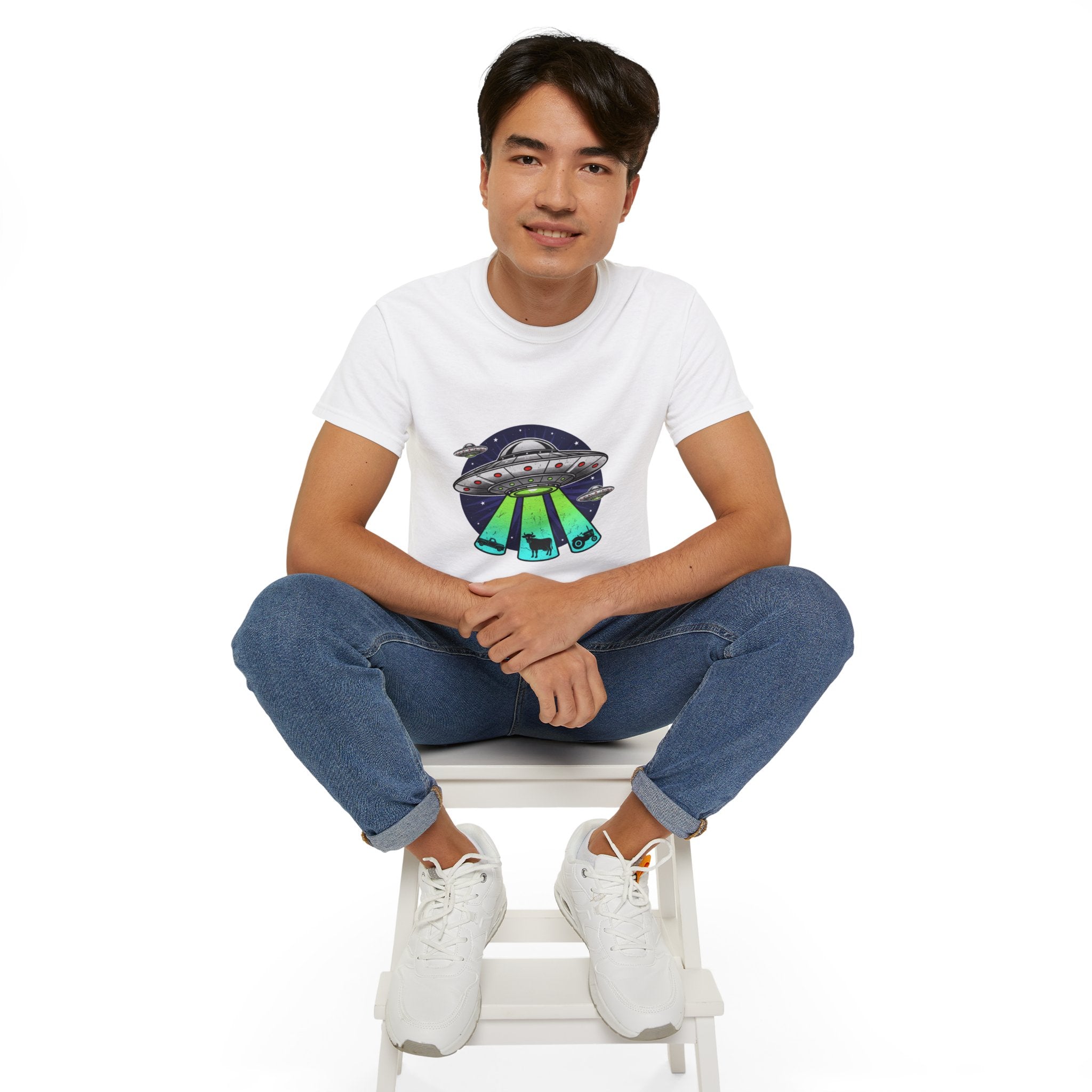 UFO Cow Abduction T-Shirt — Retro Alien Spaceship Tee Adult Unisex