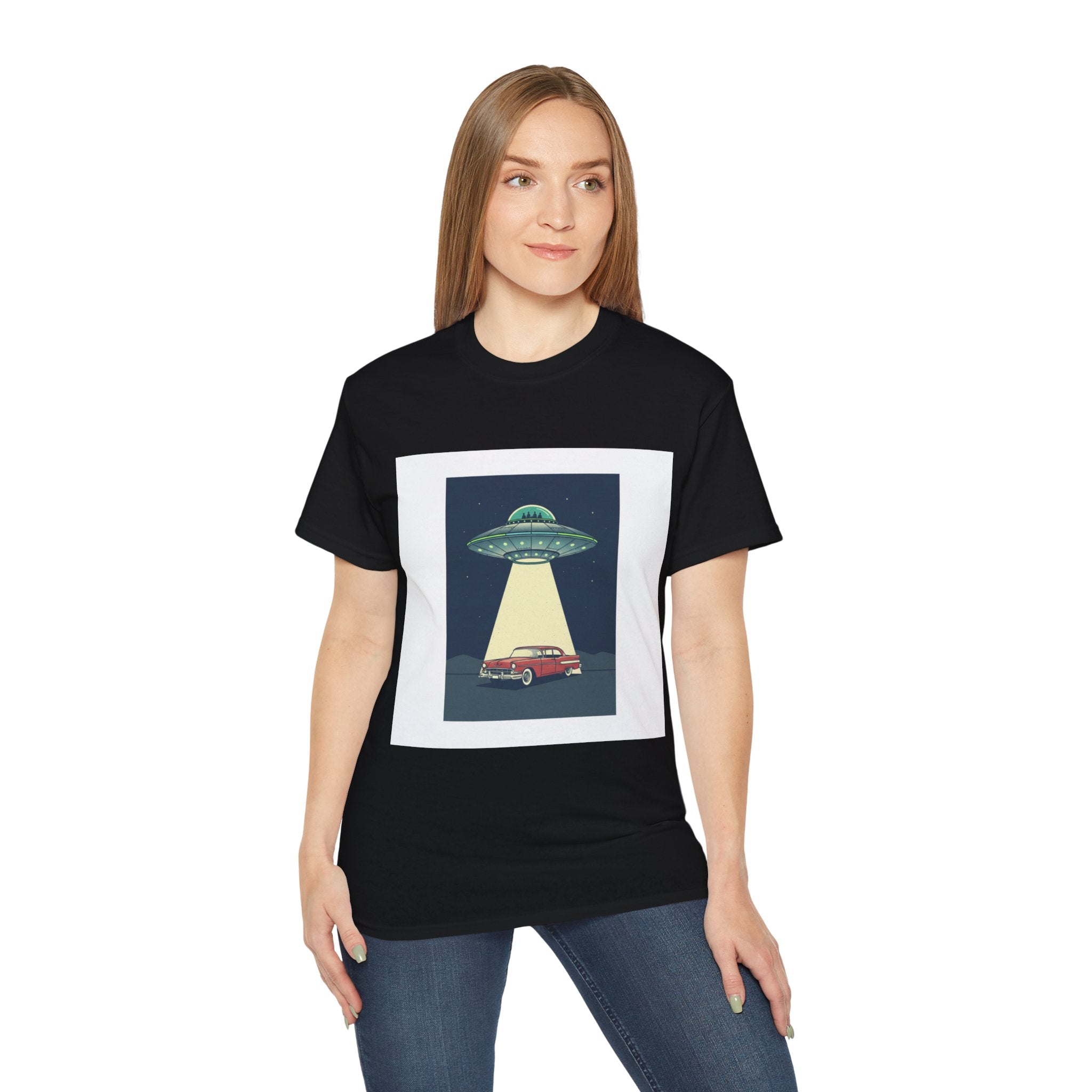 UFO Abduction Graphic Tee — Vintage Car Alien Shirt Adult Unisex
