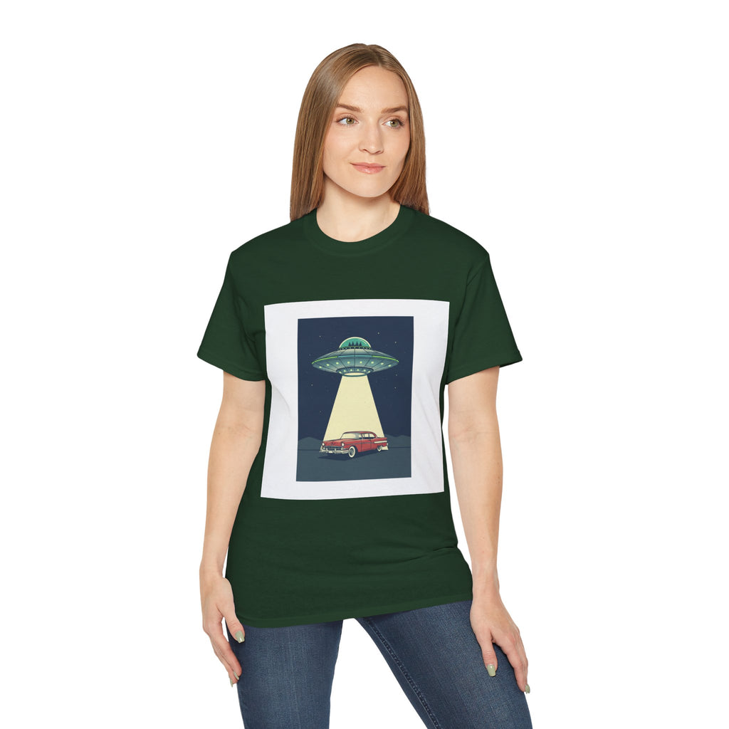UFO Abduction Graphic Tee — Vintage Car Alien Shirt Adult Unisex