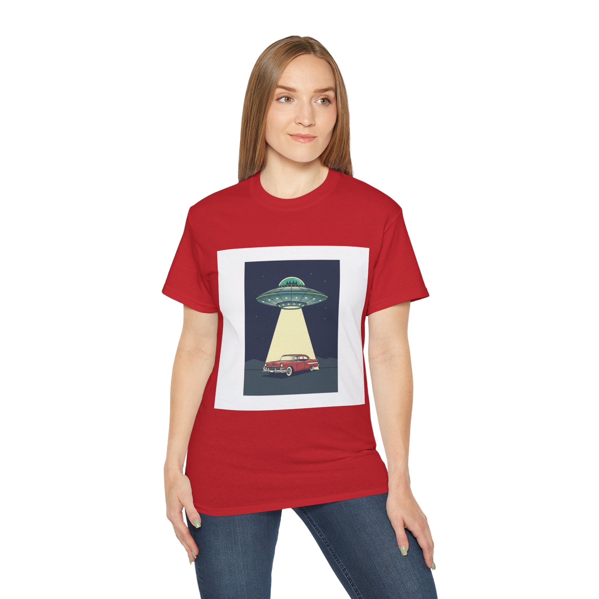 UFO Abduction Graphic Tee — Vintage Car Alien Shirt Adult Unisex