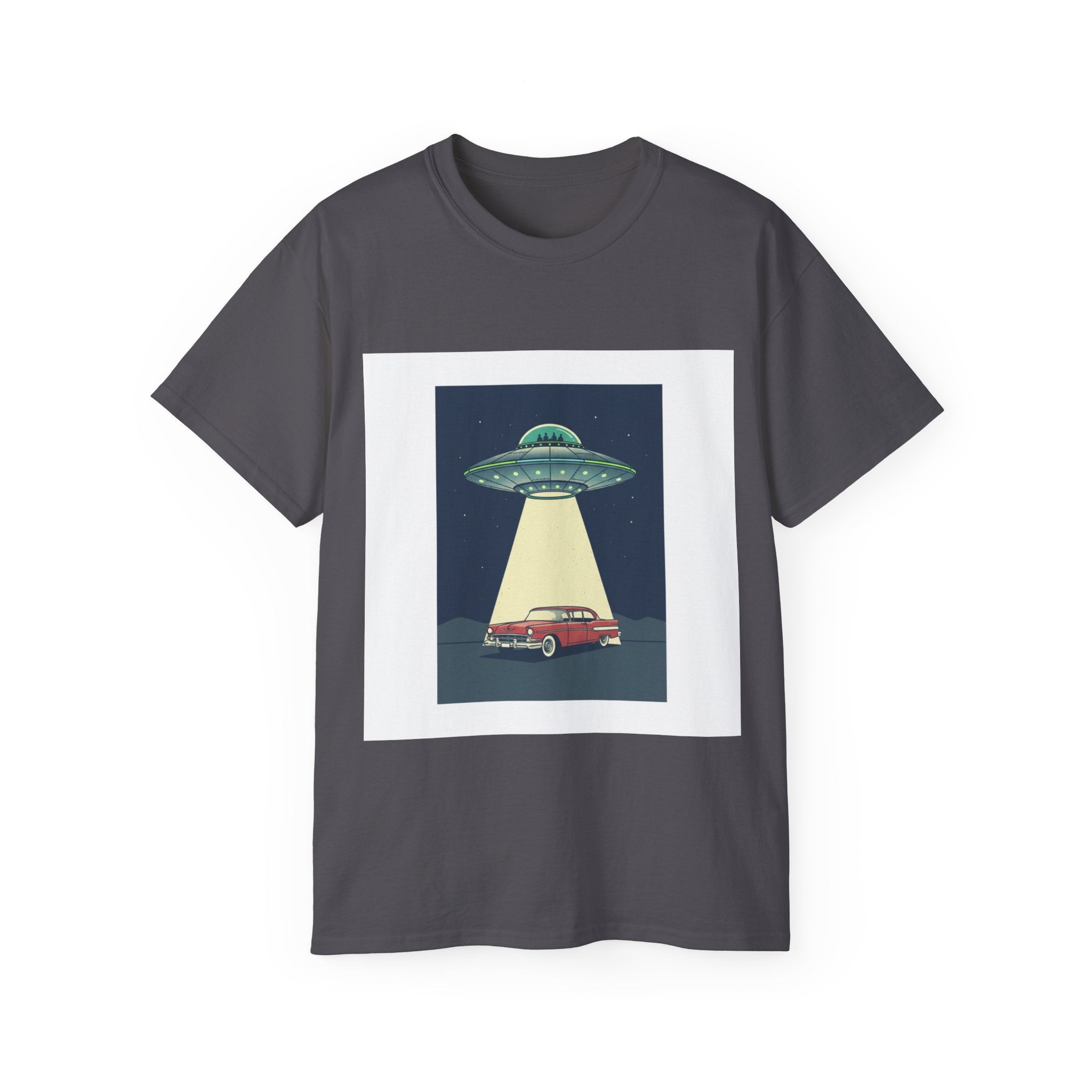 UFO Abduction Graphic Tee — Vintage Car Alien Shirt Adult Unisex