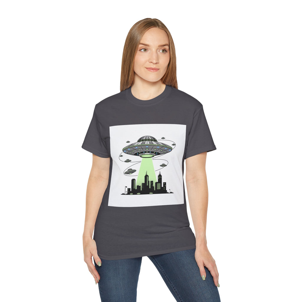 Alien Invasion Cityscape Tee — UFO Abduction Graphic T-Shirt Adult Unisex