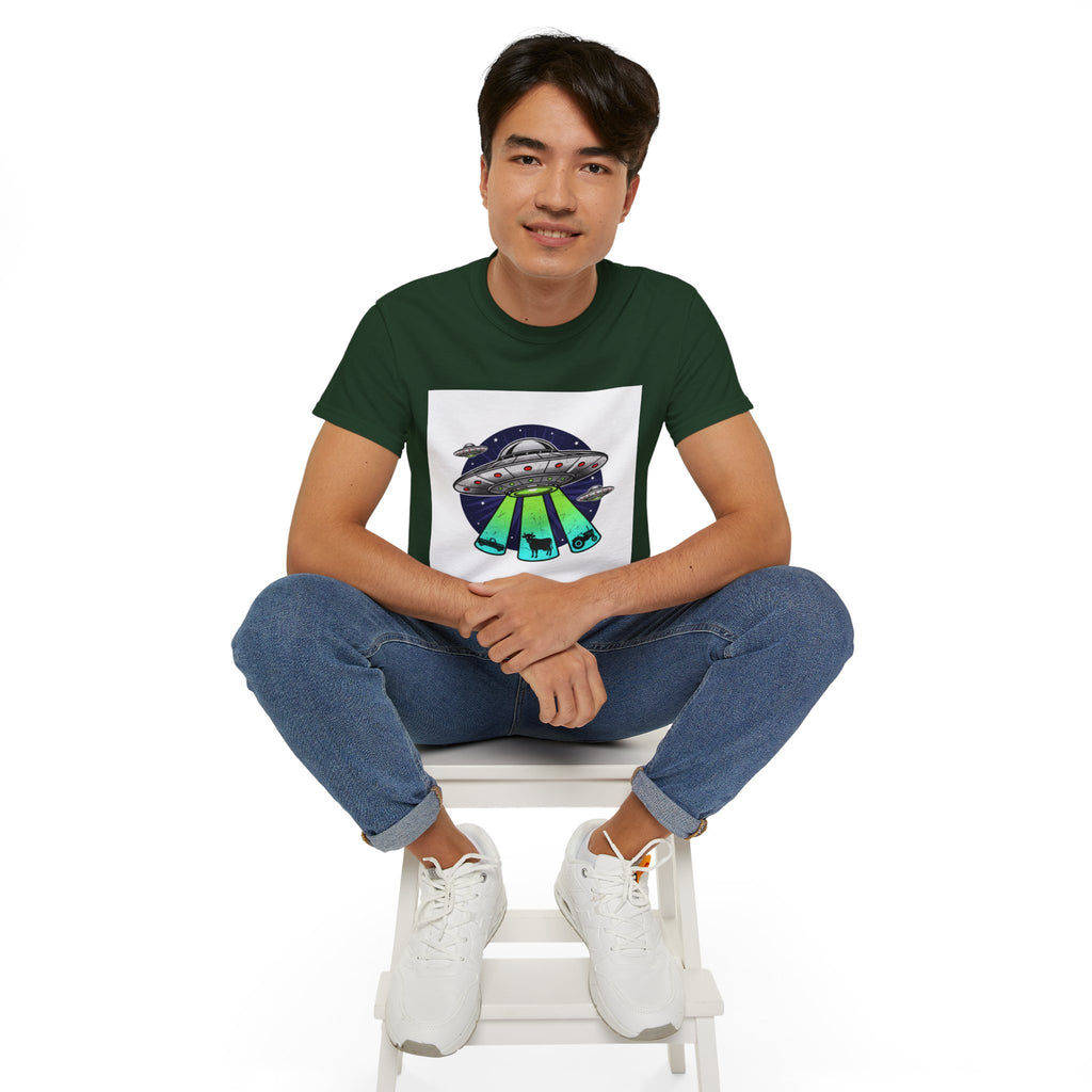 UFO Cow Abduction T-Shirt — Retro Alien Spaceship Tee Adult Unisex