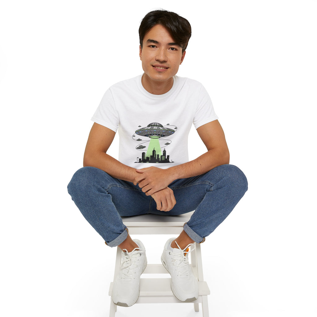 Alien Invasion Cityscape Tee — UFO Abduction Graphic T-Shirt Adult Unisex
