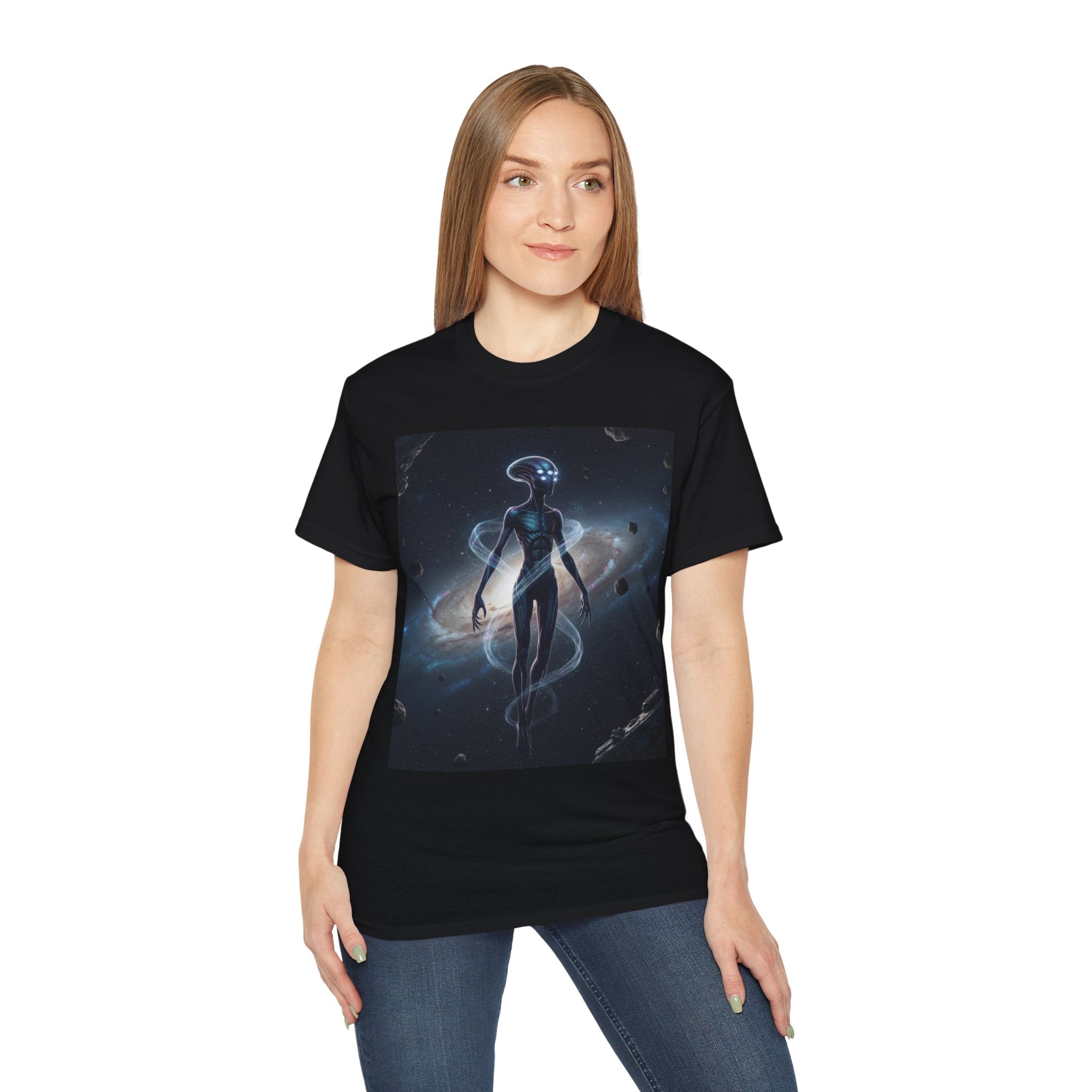 Camiseta con silueta de extraterrestre cósmico — Camiseta de arte espacial de nebulosa galáctica