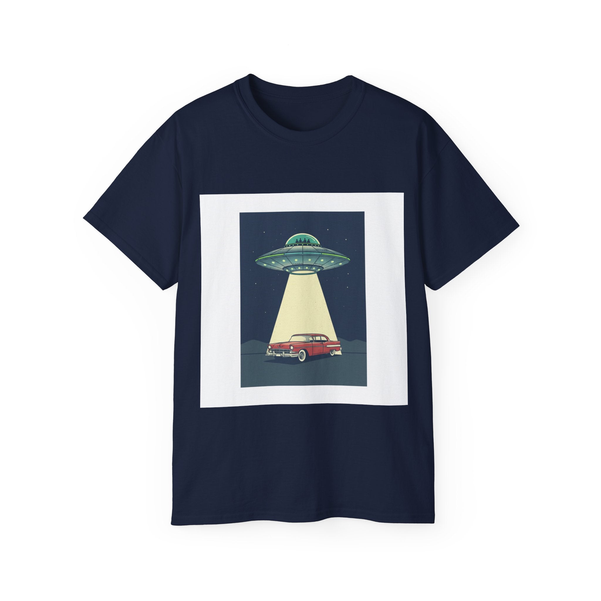 UFO Abduction Graphic Tee — Vintage Car Alien Shirt Adult Unisex