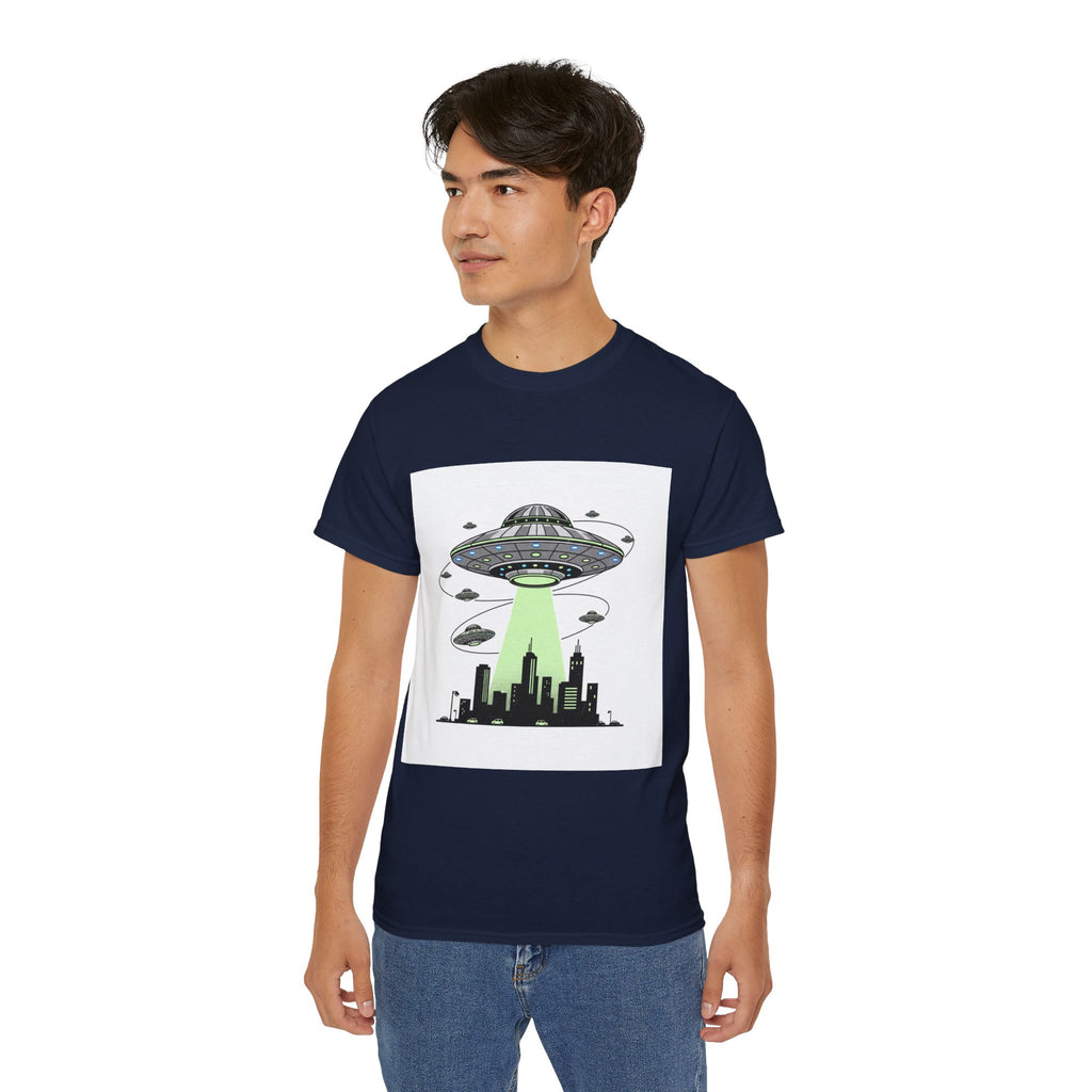 Alien Invasion Cityscape Tee — UFO Abduction Graphic T-Shirt Adult Unisex