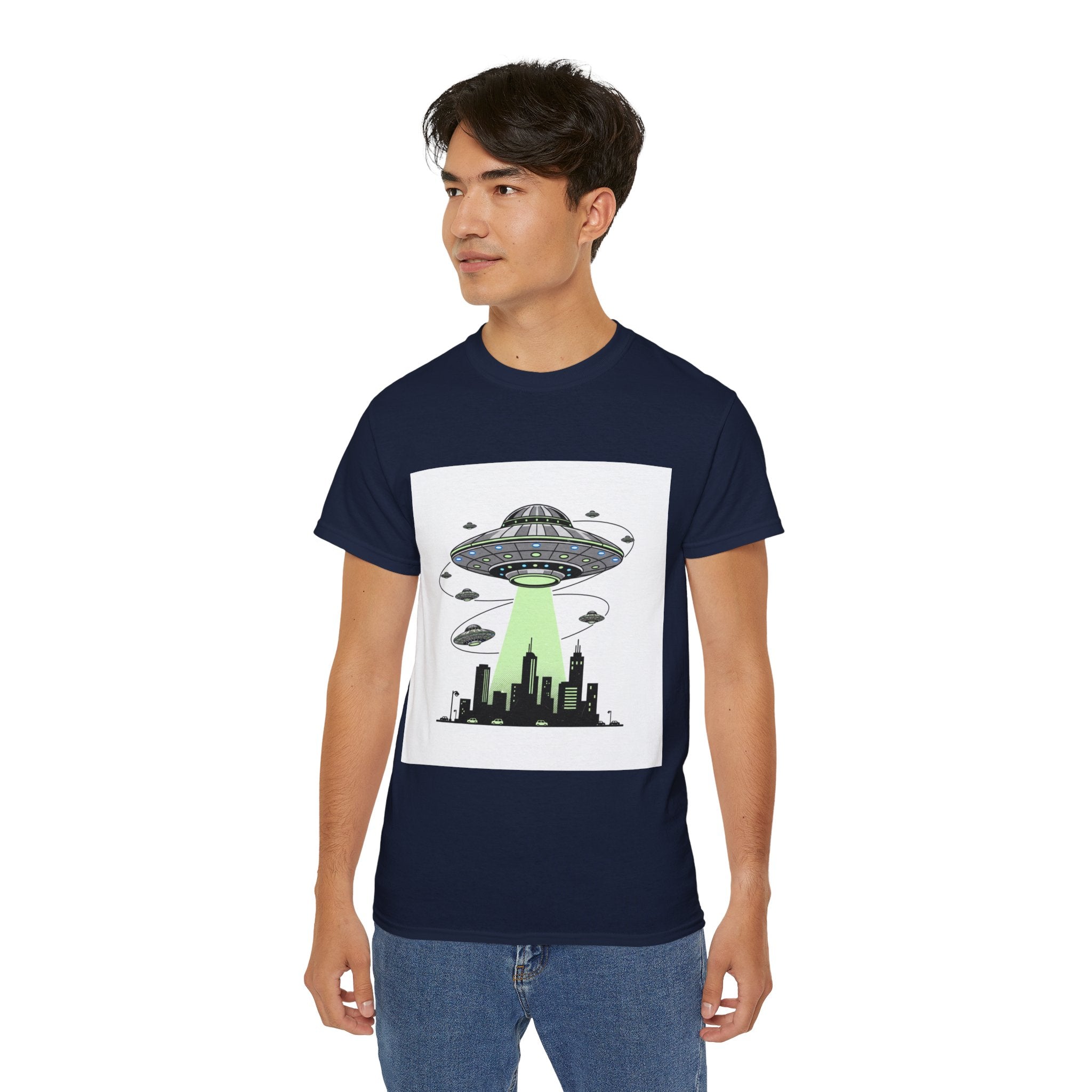 Alien Invasion Cityscape Tee — UFO Abduction Graphic T-Shirt Adult Unisex