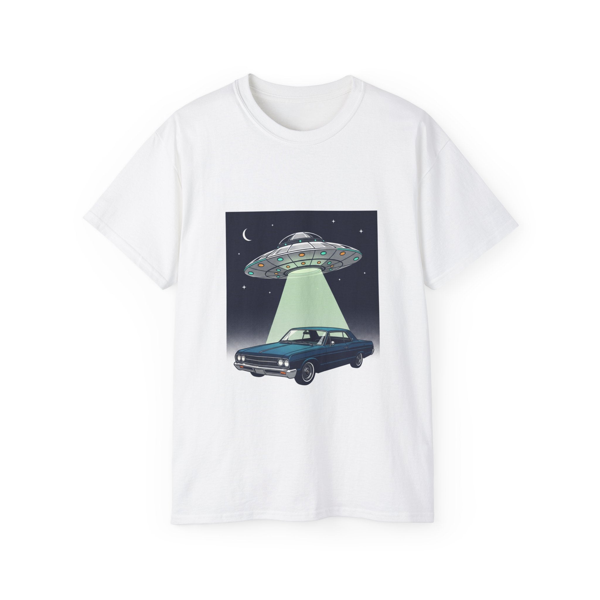Alien Abduction Car T-Shirt — UFO Night Graphic Tee Adult Unisex