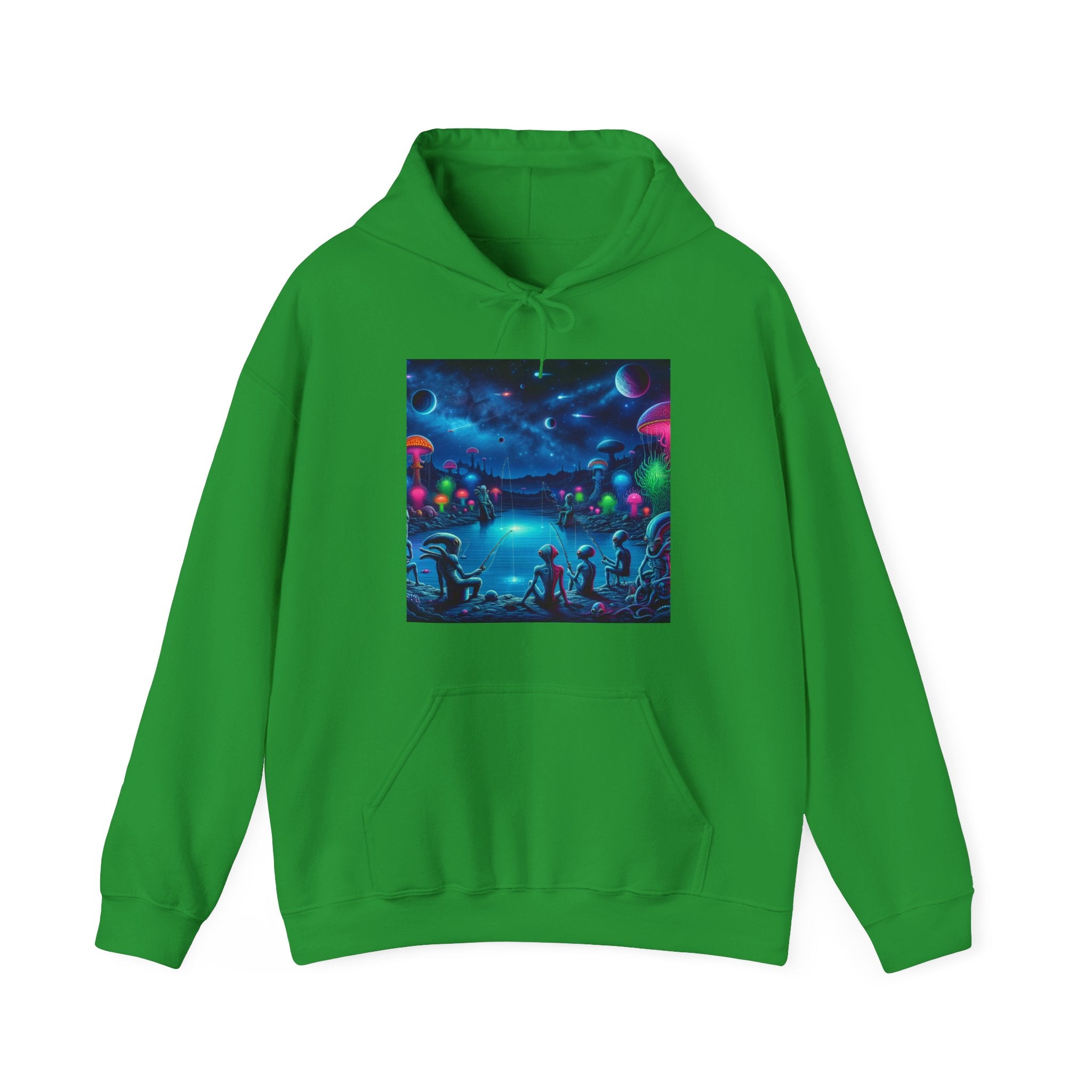 Alien Night Fishing Hoodie — UFO Nighttime Angler Graphic Sweatshirt
