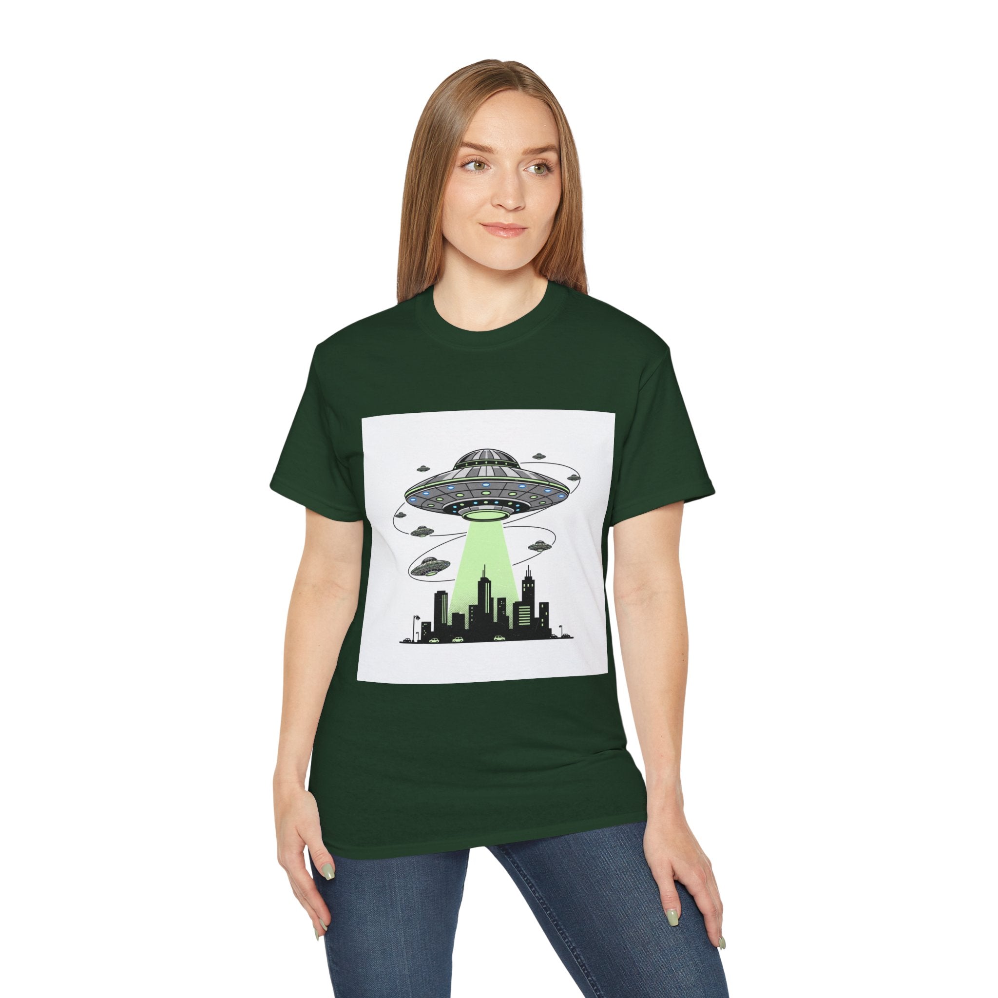 Alien Invasion Cityscape Tee — UFO Abduction Graphic T-Shirt Adult Unisex