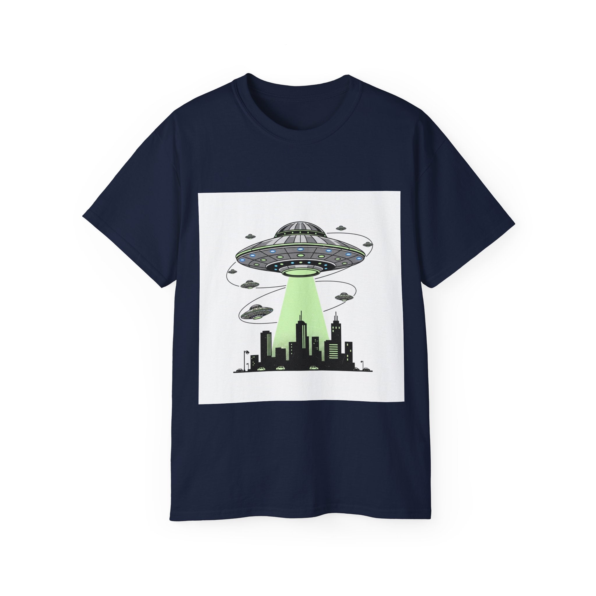 Alien Invasion Cityscape Tee — UFO Abduction Graphic T-Shirt Adult Unisex