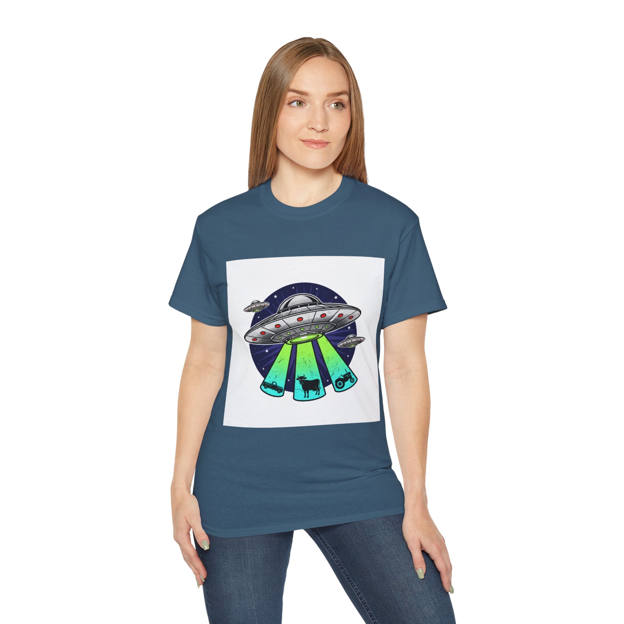 UFO Cow Abduction T-Shirt — Retro Alien Spaceship Tee Adult Unisex