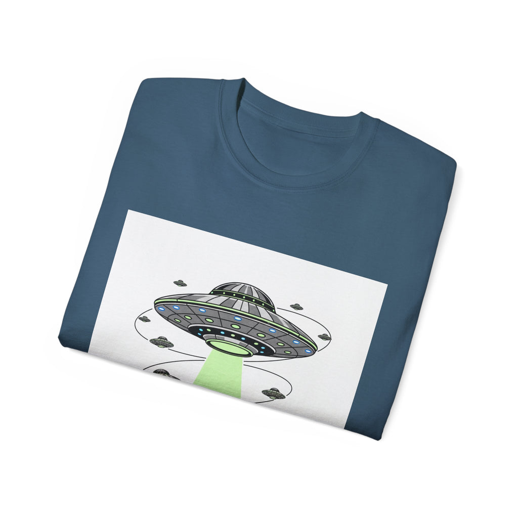 Alien Invasion Cityscape Tee — UFO Abduction Graphic T-Shirt Adult Unisex