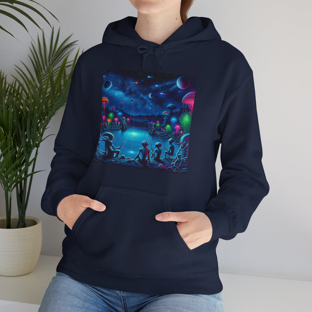 Alien Night Fishing Hoodie — UFO Nighttime Angler Graphic Sweatshirt