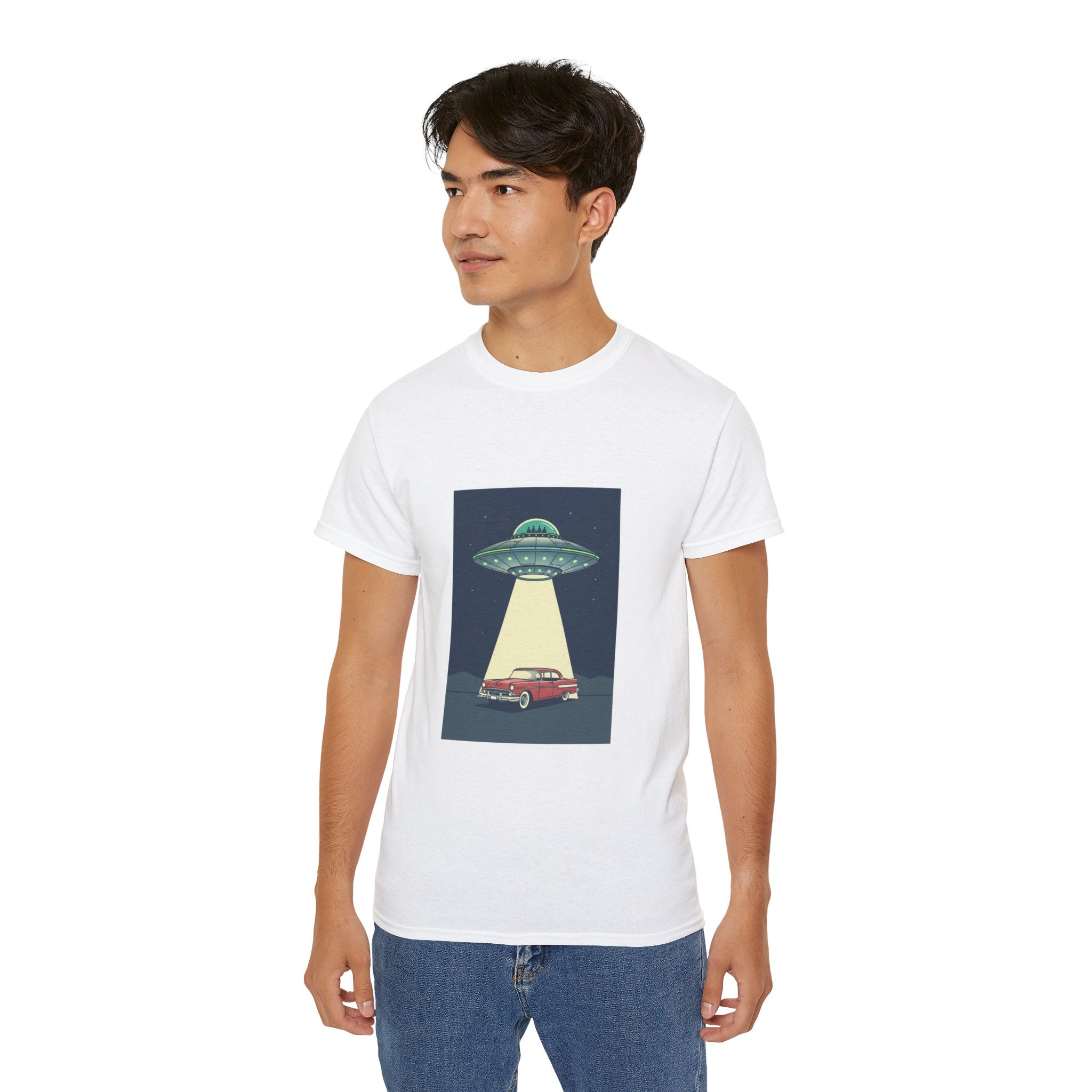 UFO Abduction Graphic Tee — Vintage Car Alien Shirt Adult Unisex