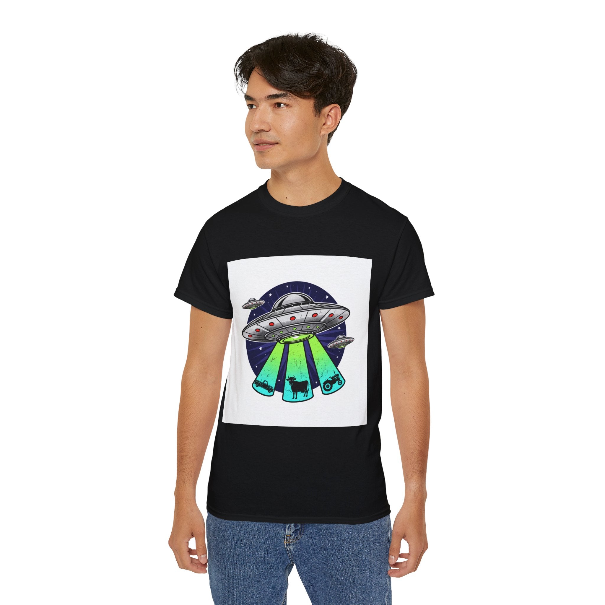 UFO Cow Abduction T-Shirt — Retro Alien Spaceship Tee Adult Unisex