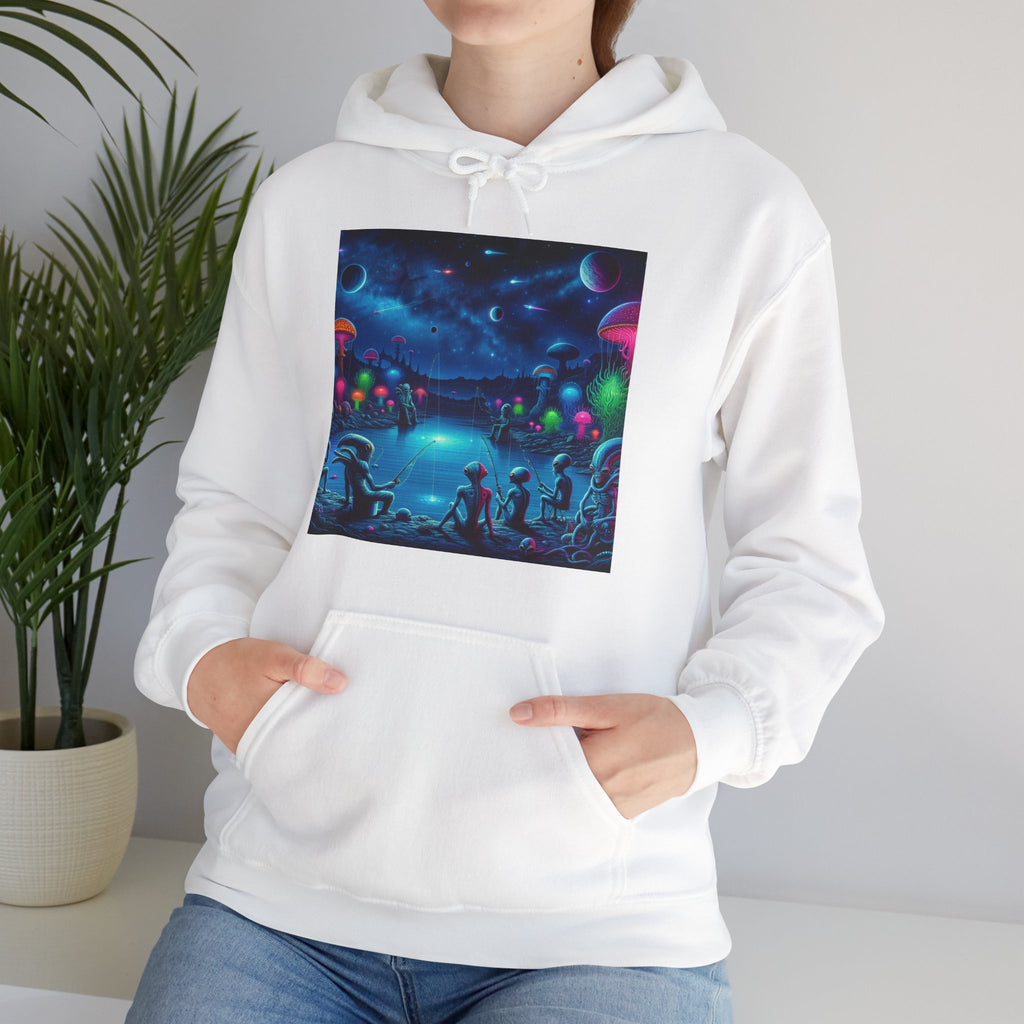 Alien Night Fishing Hoodie — UFO Nighttime Angler Graphic Sweatshirt