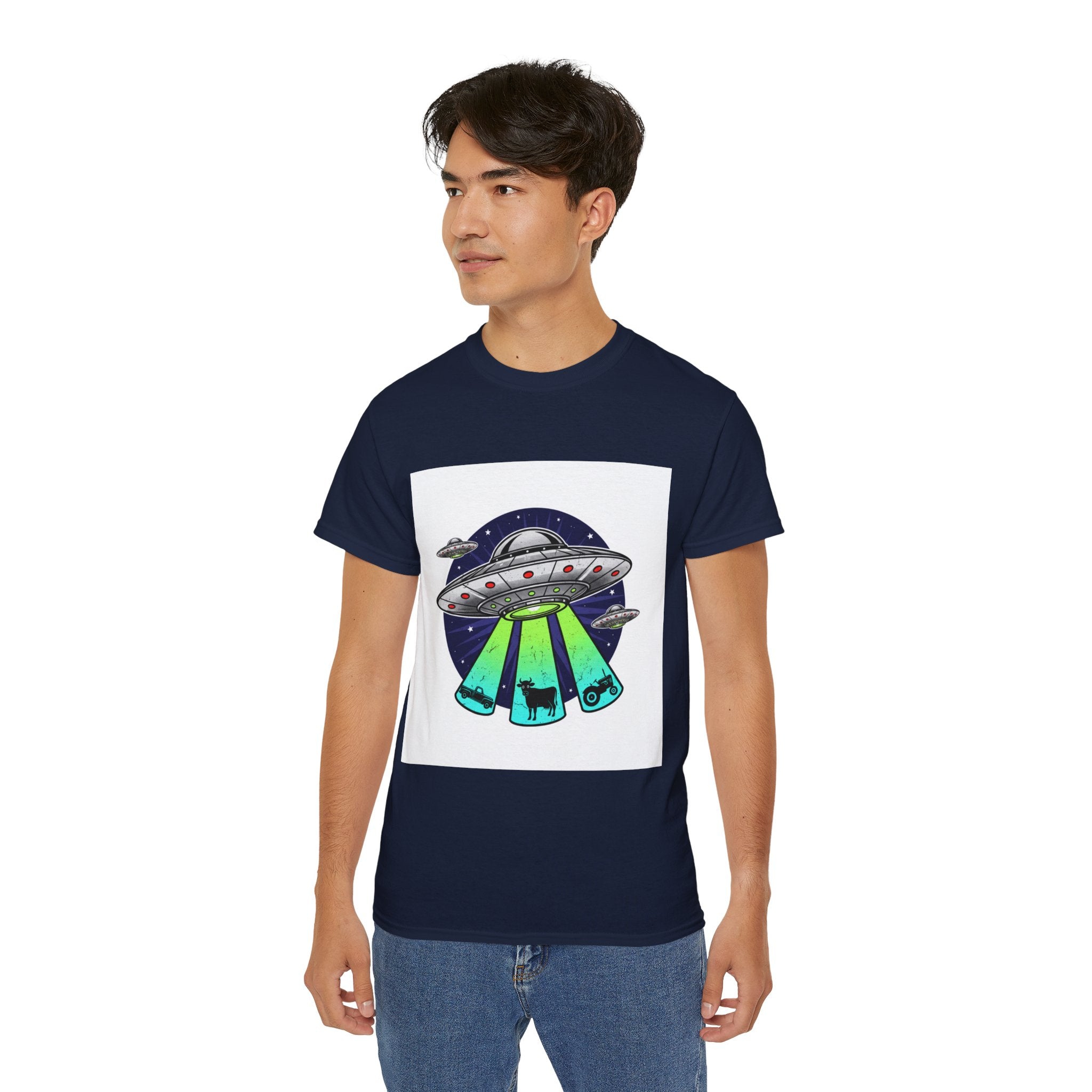 UFO Cow Abduction T-Shirt — Retro Alien Spaceship Tee Adult Unisex