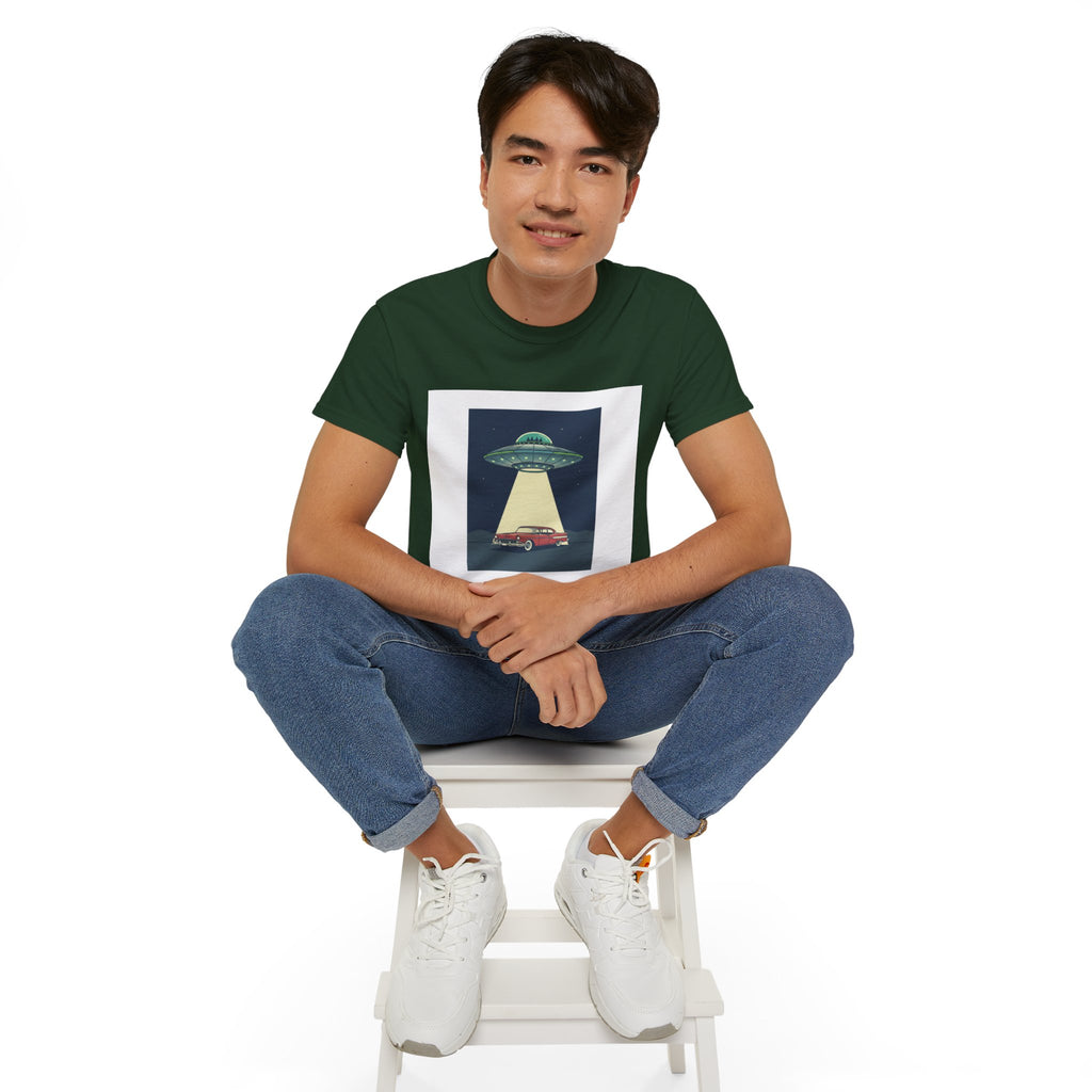UFO Abduction Graphic Tee — Vintage Car Alien Shirt Adult Unisex